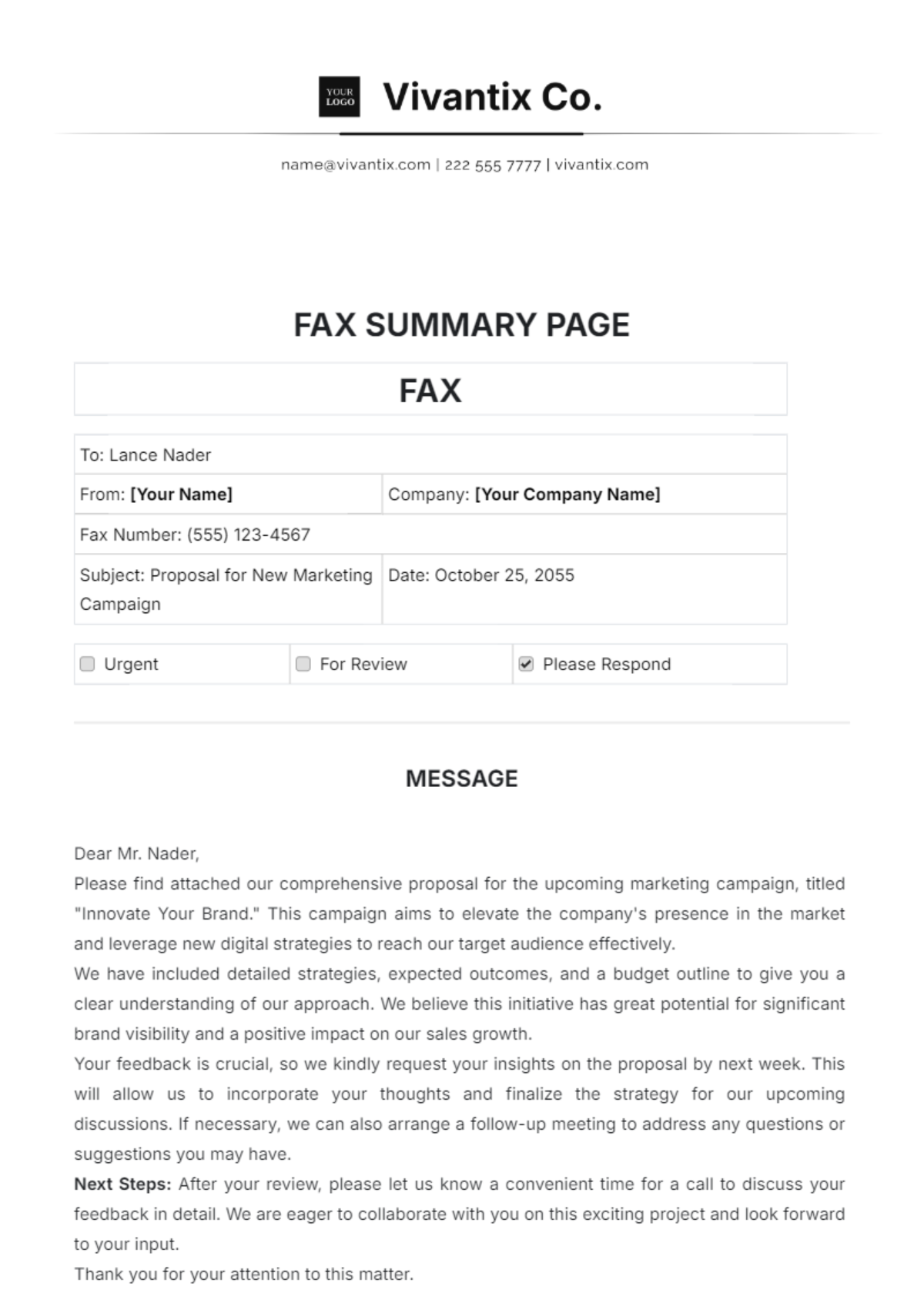 Fax Summary Page Template