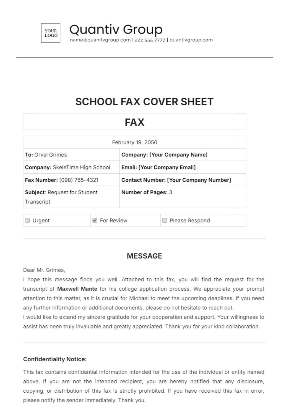 School Fax Cover Sheet Template