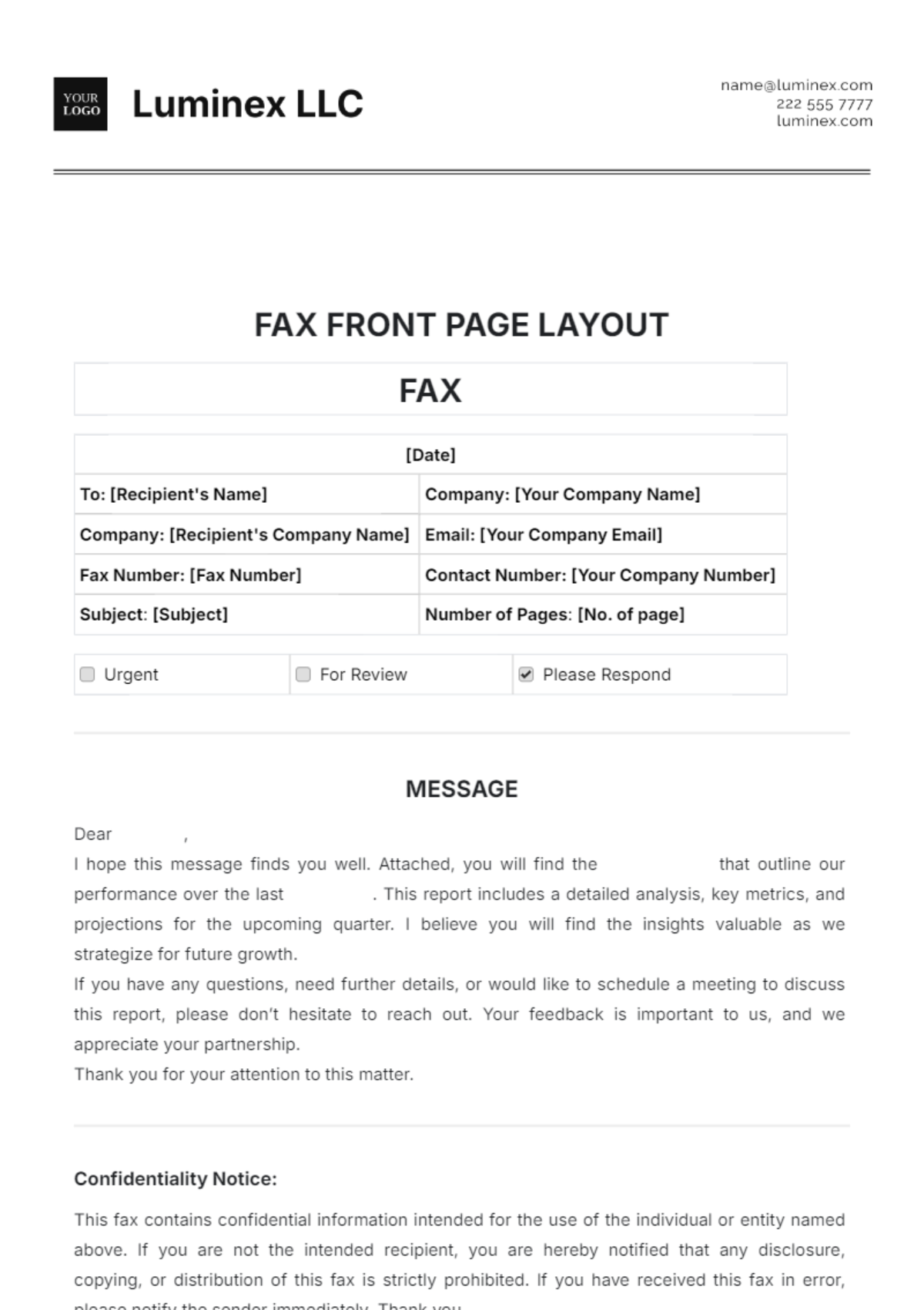 Fax Front Page Layout Template