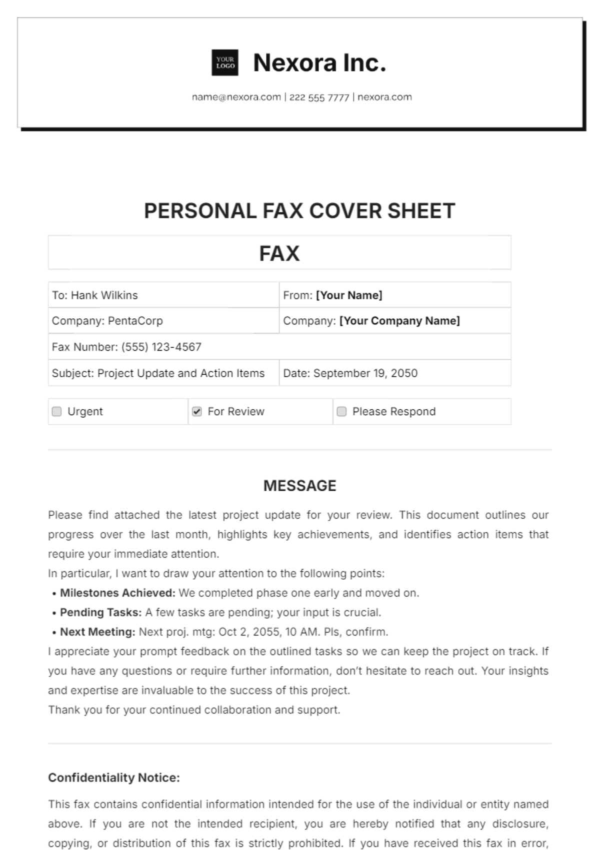 Personal Fax Cover Sheet Template