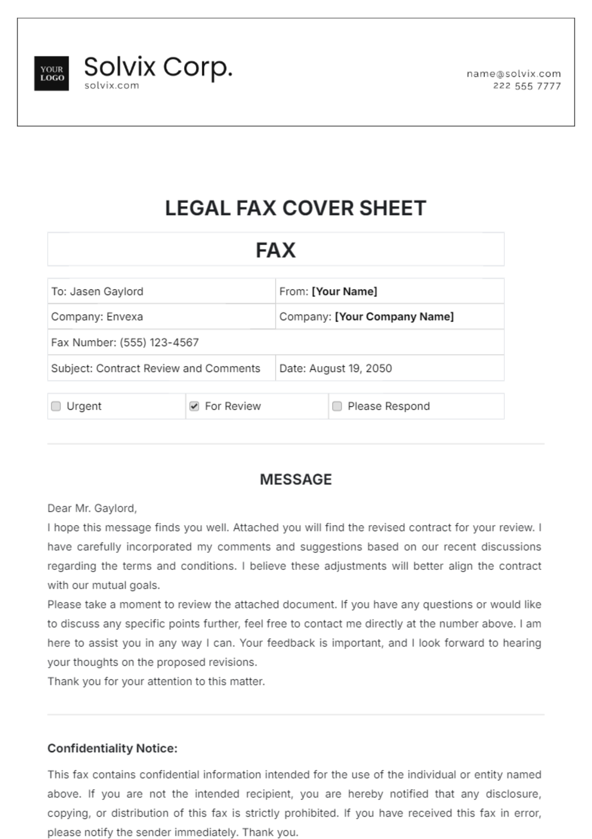 Legal Fax Cover Sheet Template