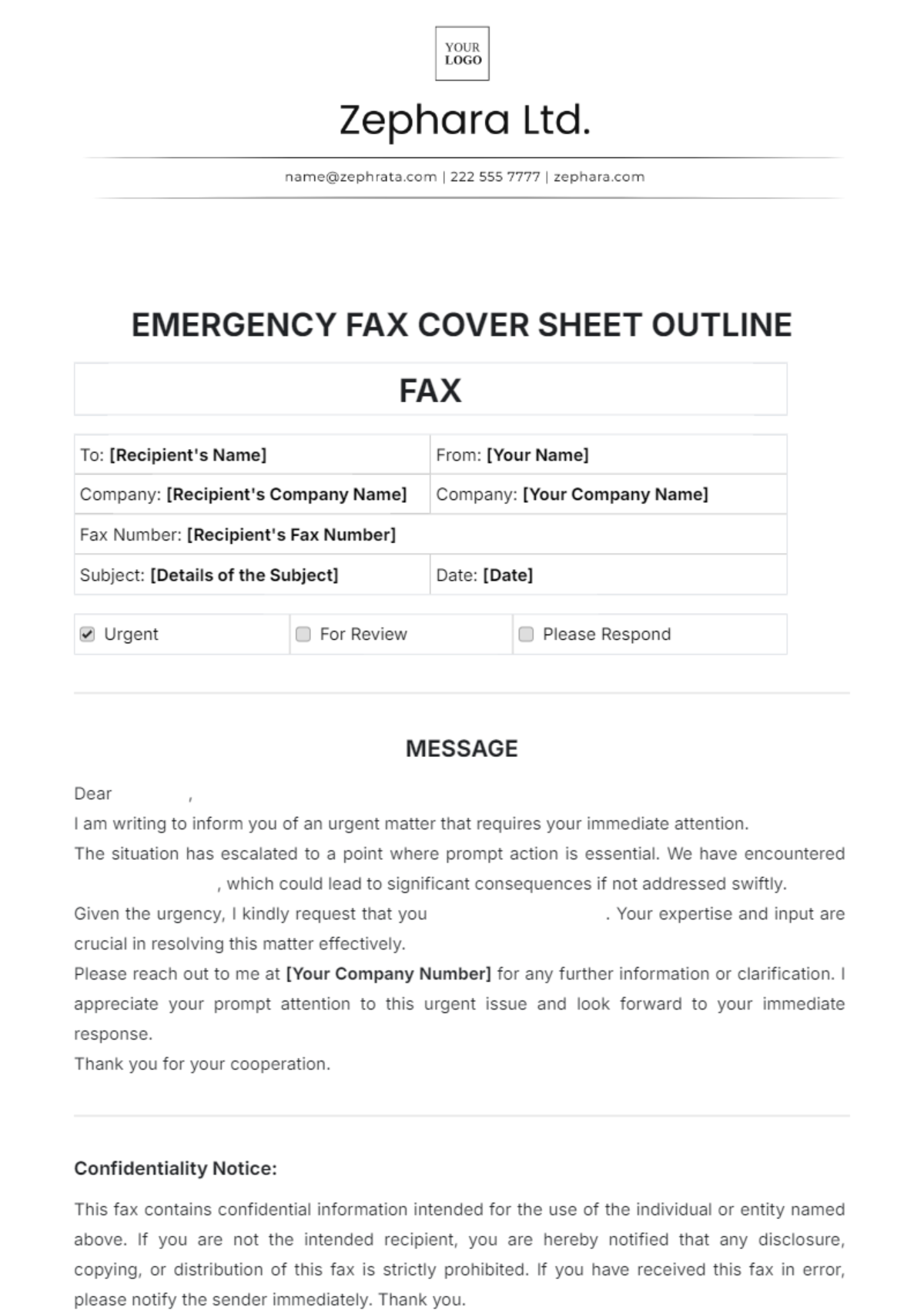 Emergency Fax Cover Sheet Outline Template