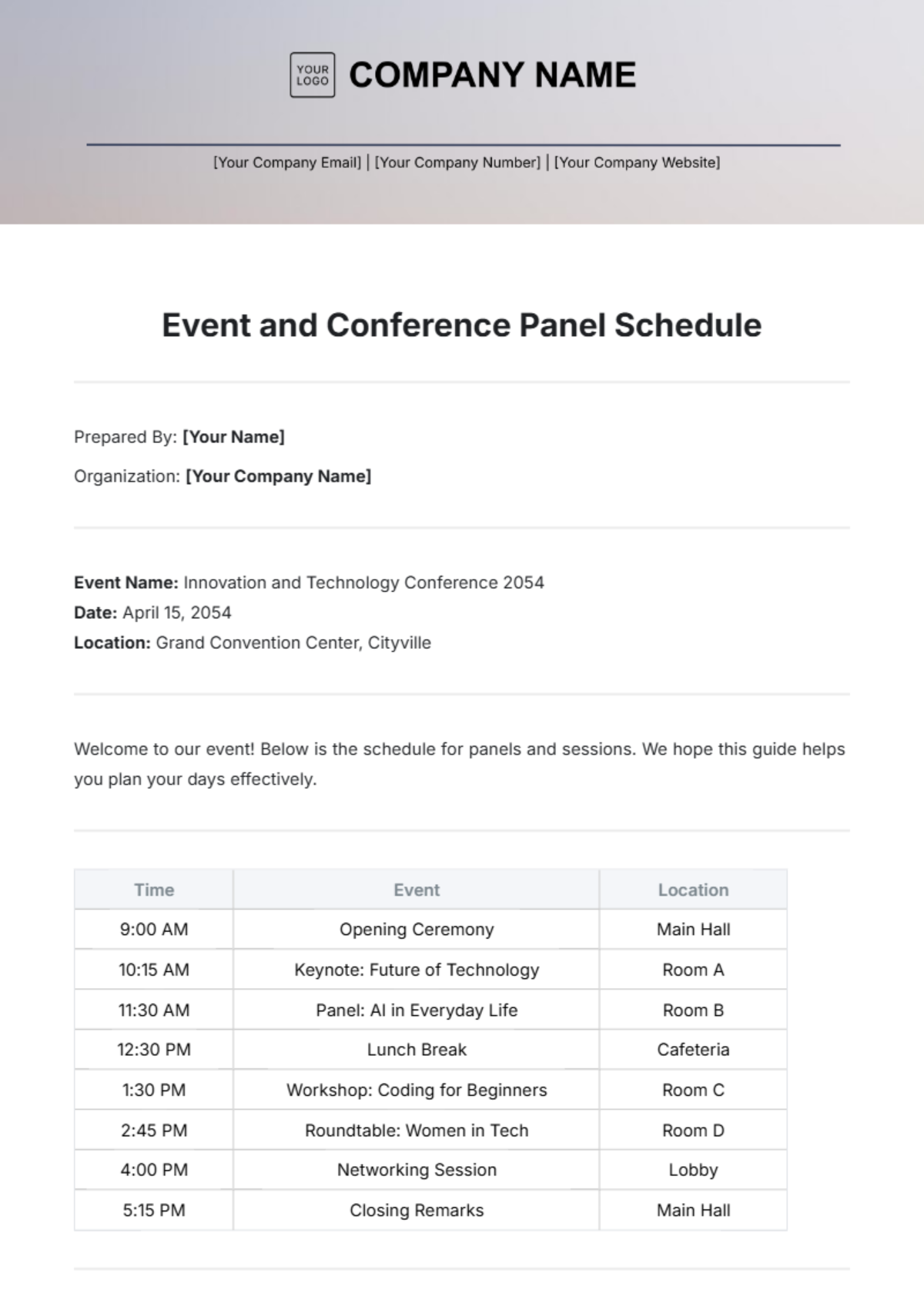 Event and Conference Panel Schedule Template - Edit Online & Download