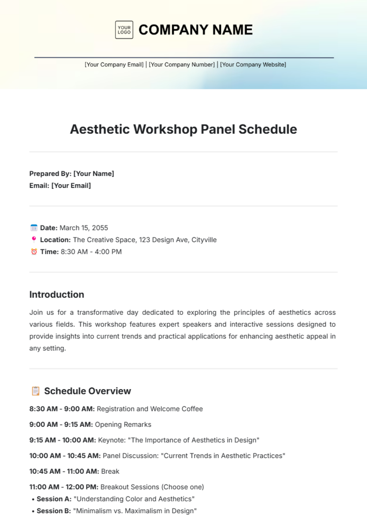 Aesthetic Workshop Panel Schedule Template - Edit Online & Download