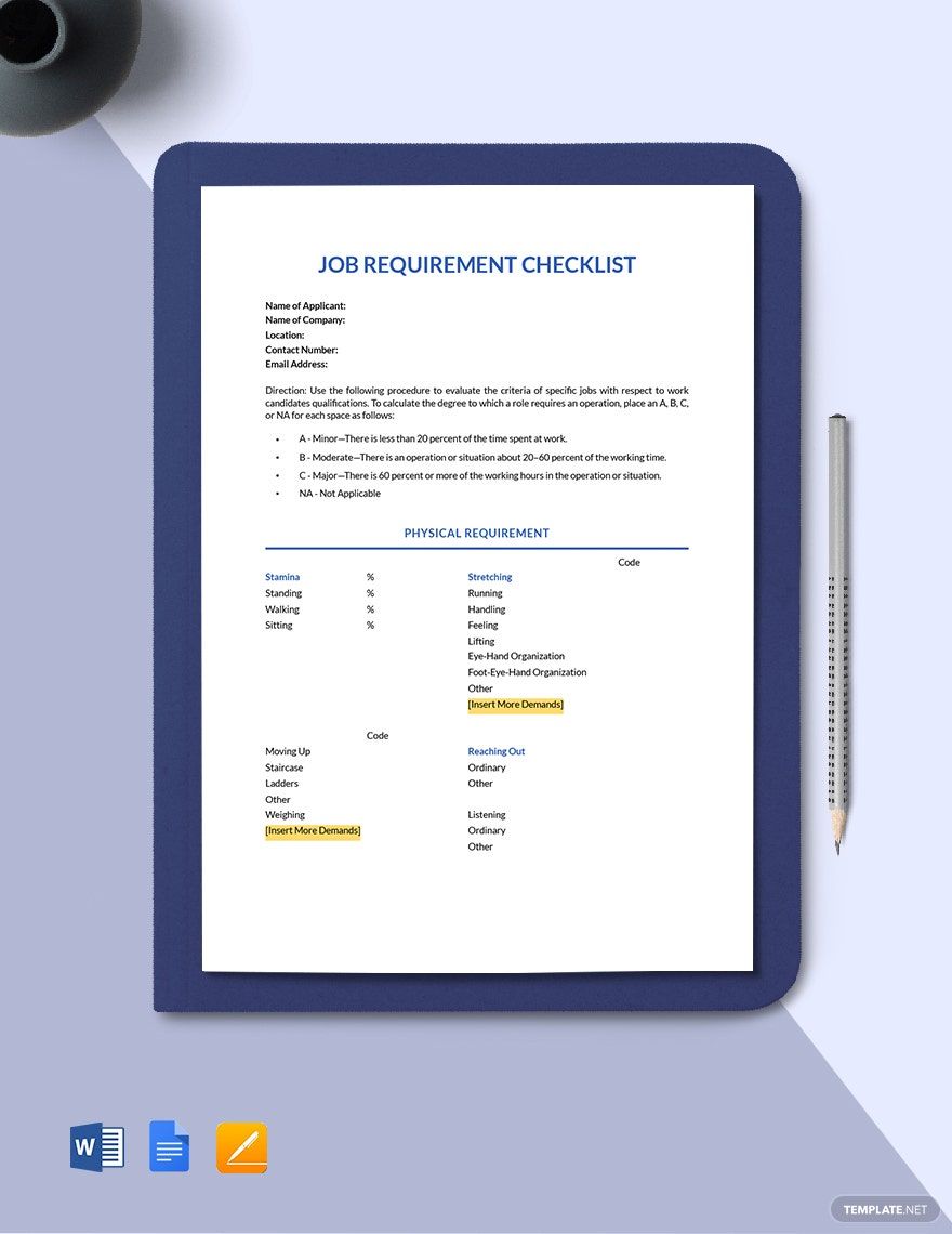 Job Requirements Checklist Template in Word, Google Docs, Apple Pages