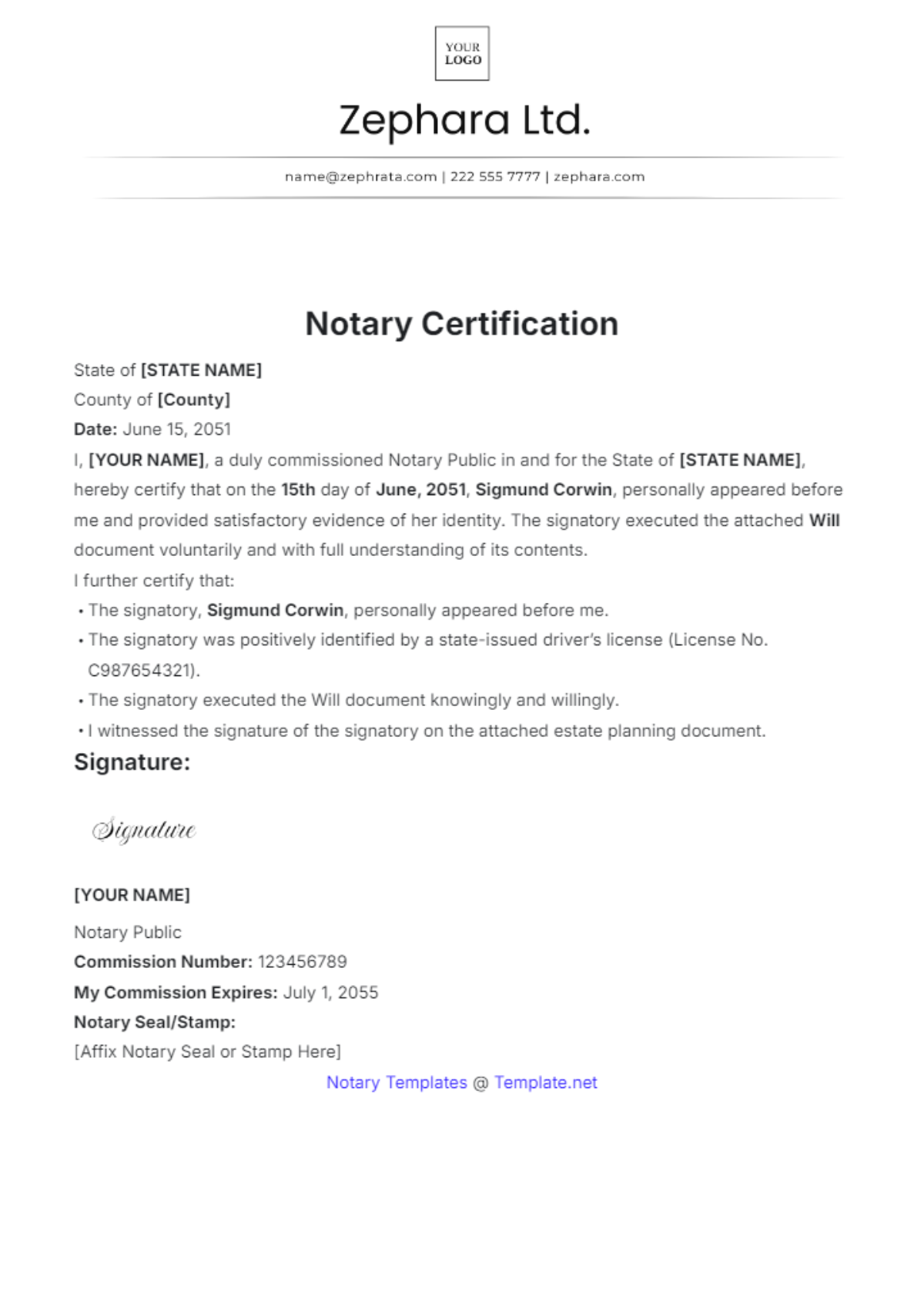 Notary Certification Template