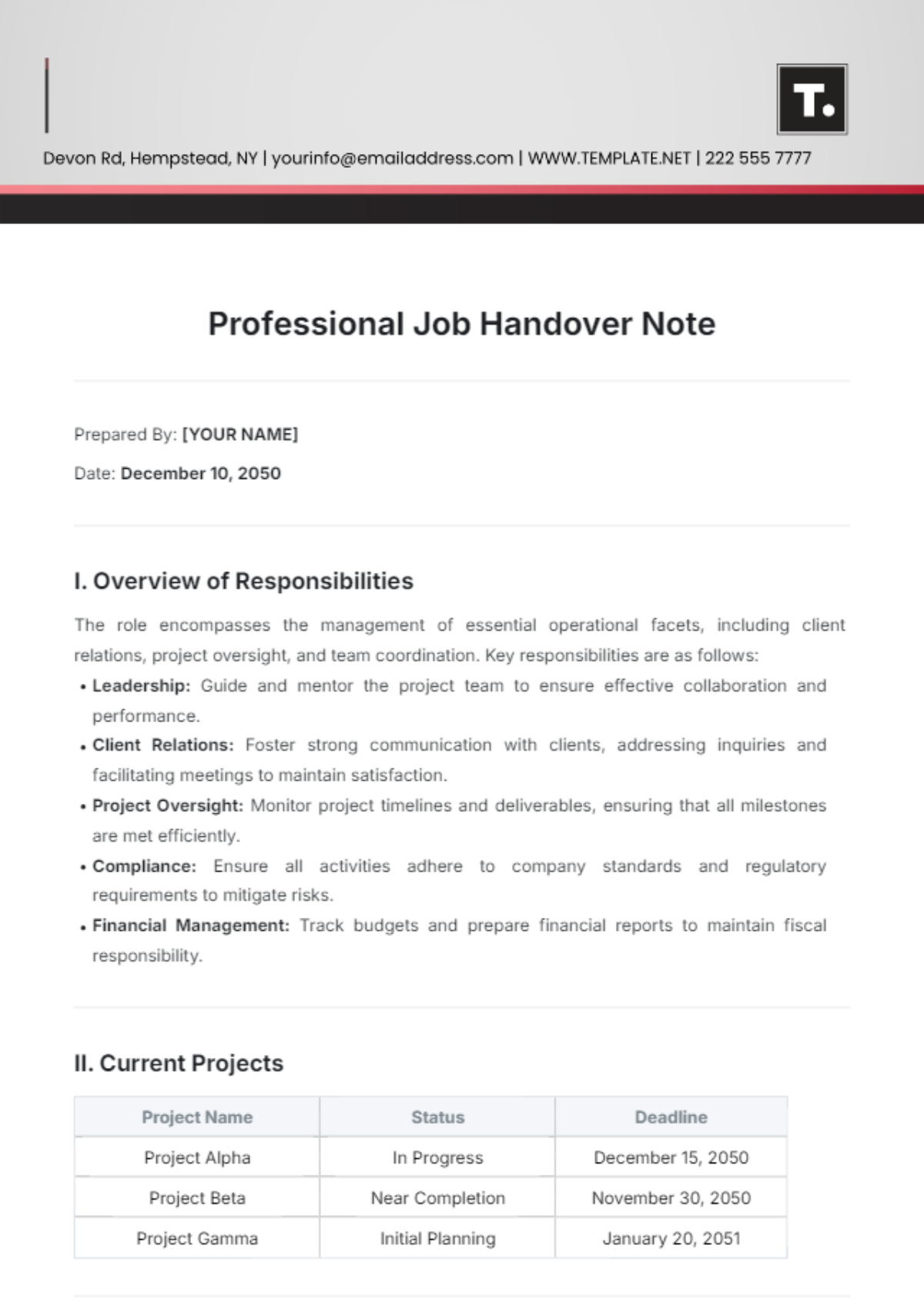 Free Professional Job Handover Note Template to Edit Online