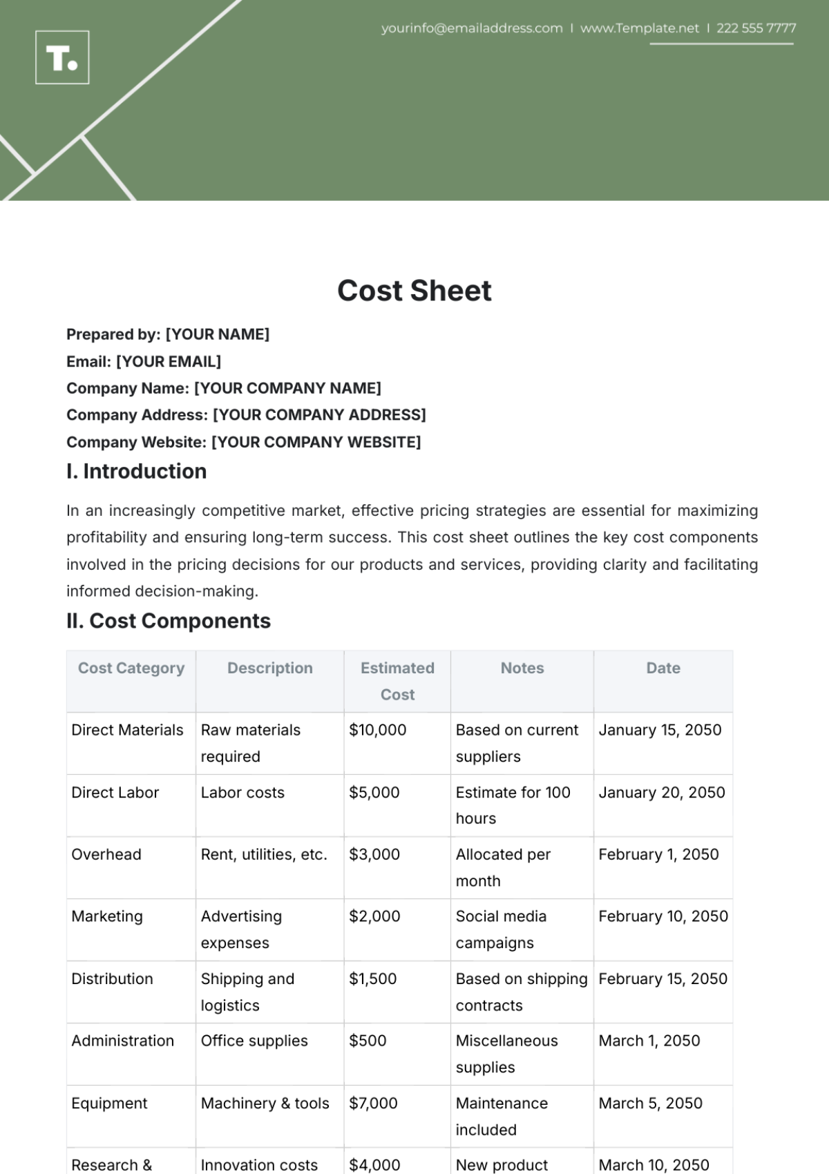 Cost Sheet Template - Edit Online & Download