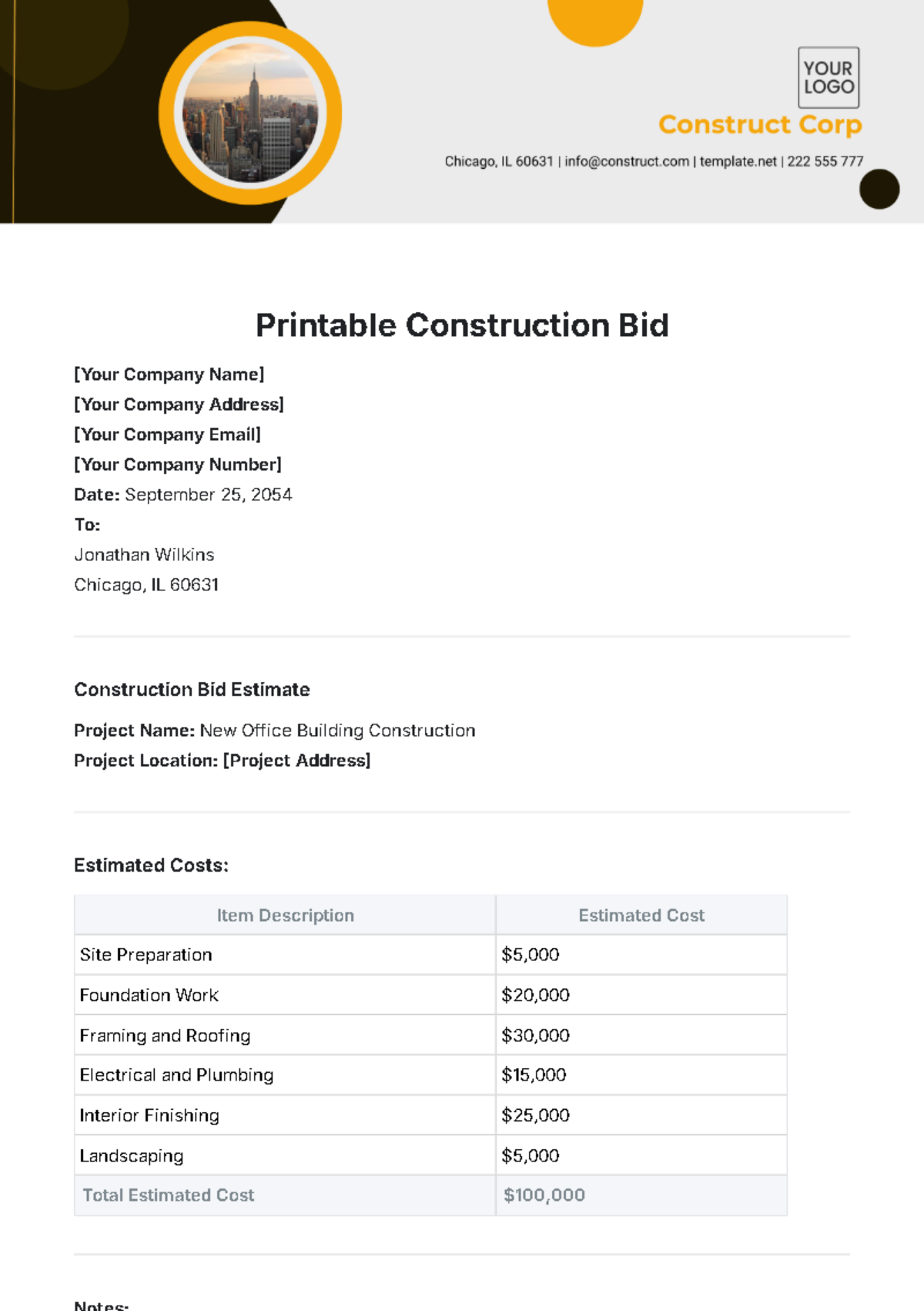 Printable Construction Bid Template