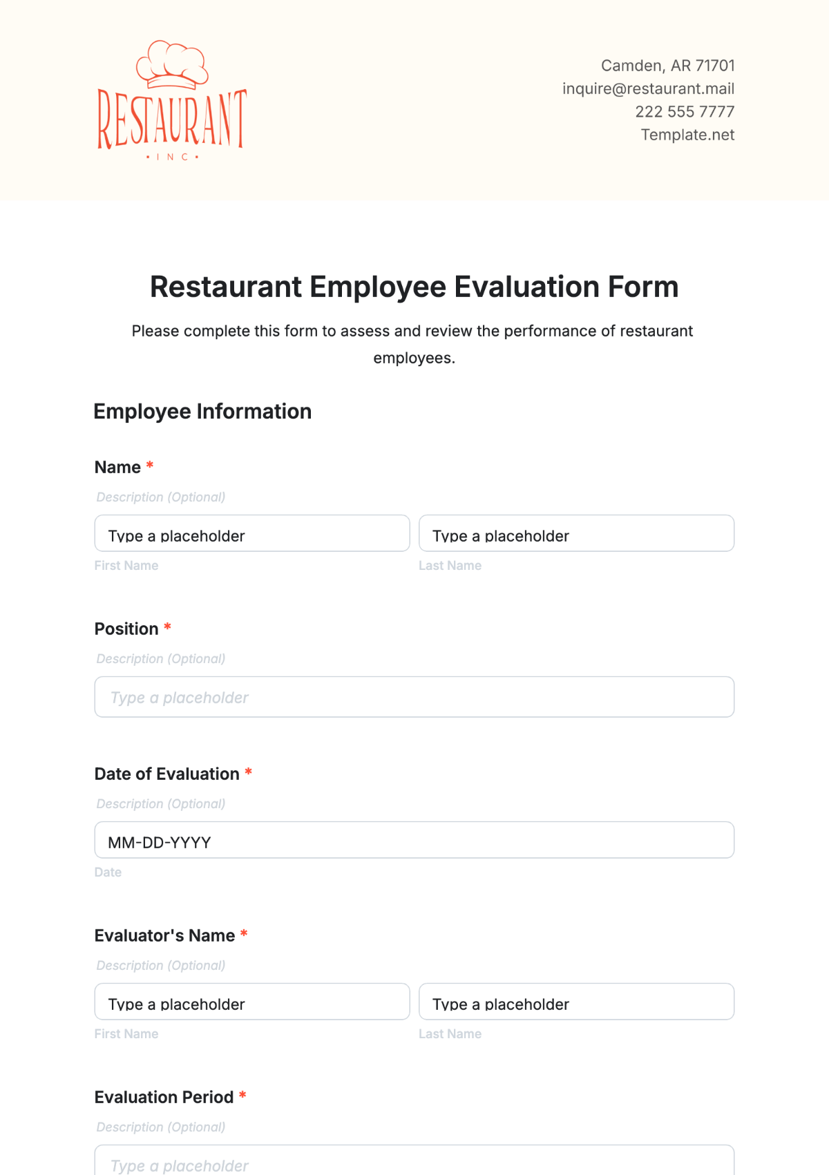 Restaurant Employee Evaluation Form Template - Edit Online & Download