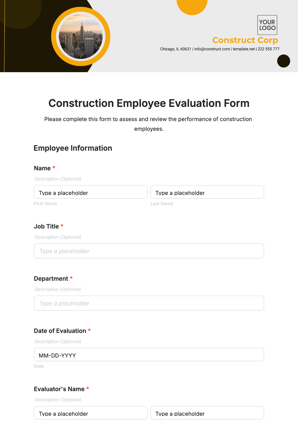 Construction Employee Evaluation Form Template - Edit Online & Download