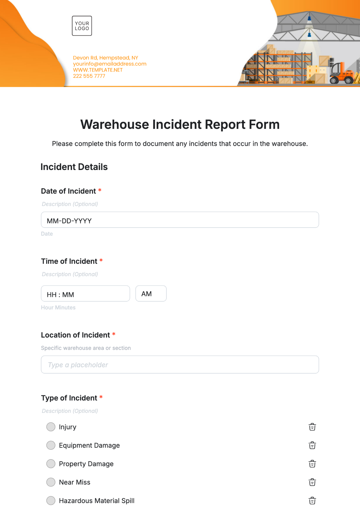 Warehouse Incident Report Form Template - Edit Online & Download