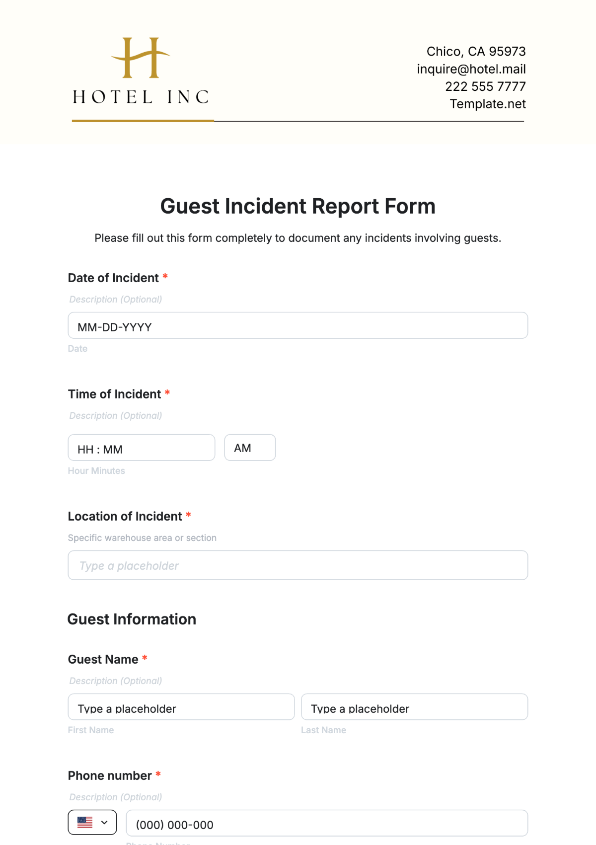 Guest Incident Report Form Template - Edit Online & Download