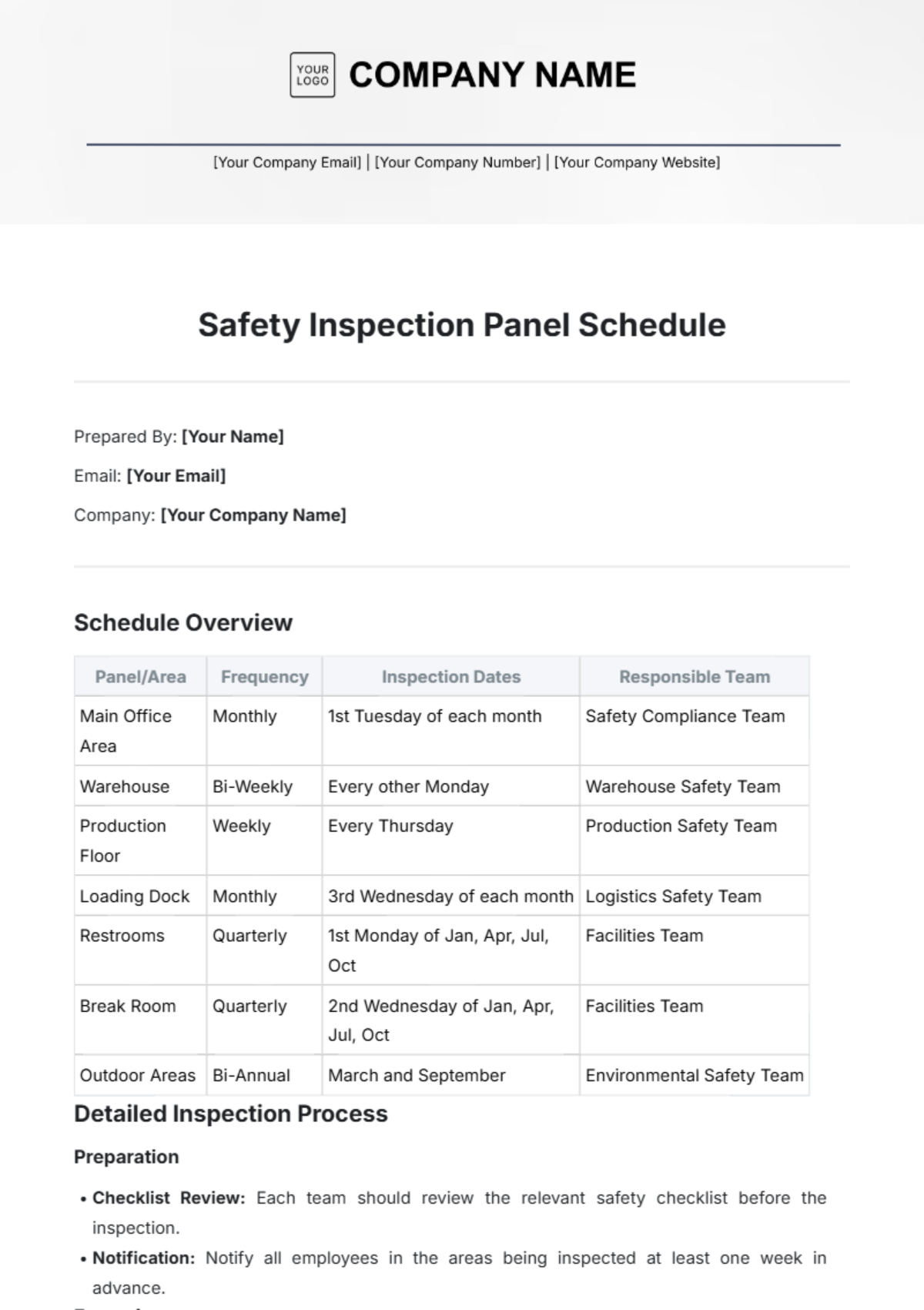 Safety Inspection Panel Schedule Template - Edit Online & Download