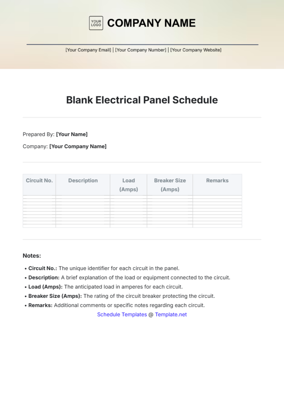 Blank Electrical Panel Schedule Template - Edit Online & Download