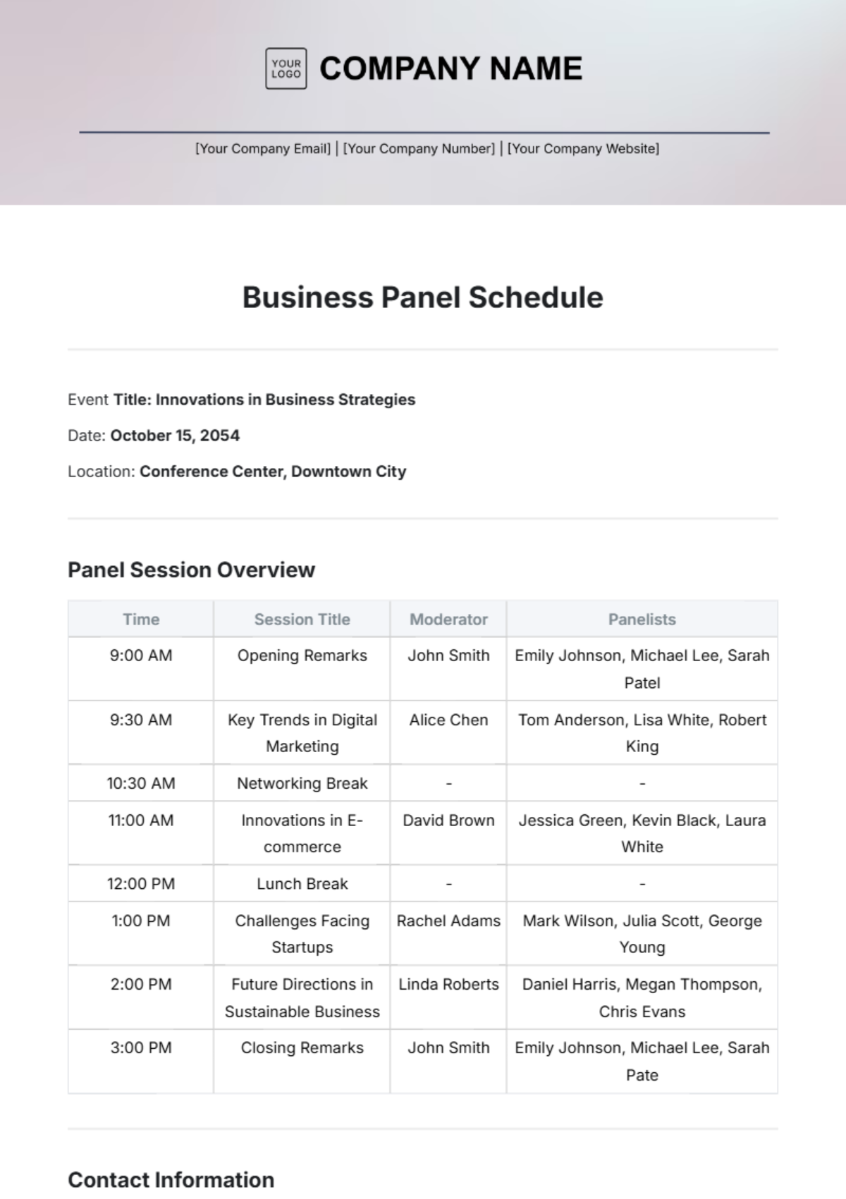 Business Panel Schedule Layout Template - Edit Online & Download