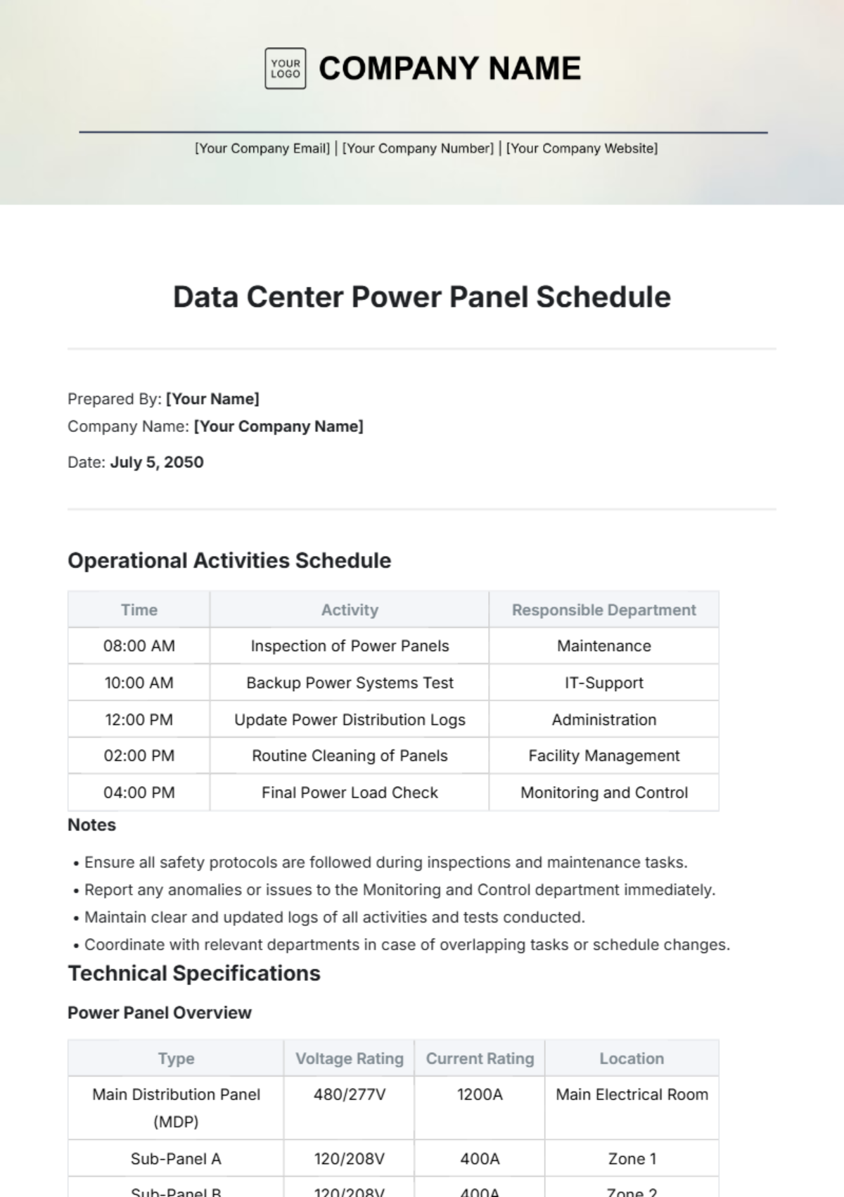 Data Center Power Panel Schedule Template - Edit Online & Download