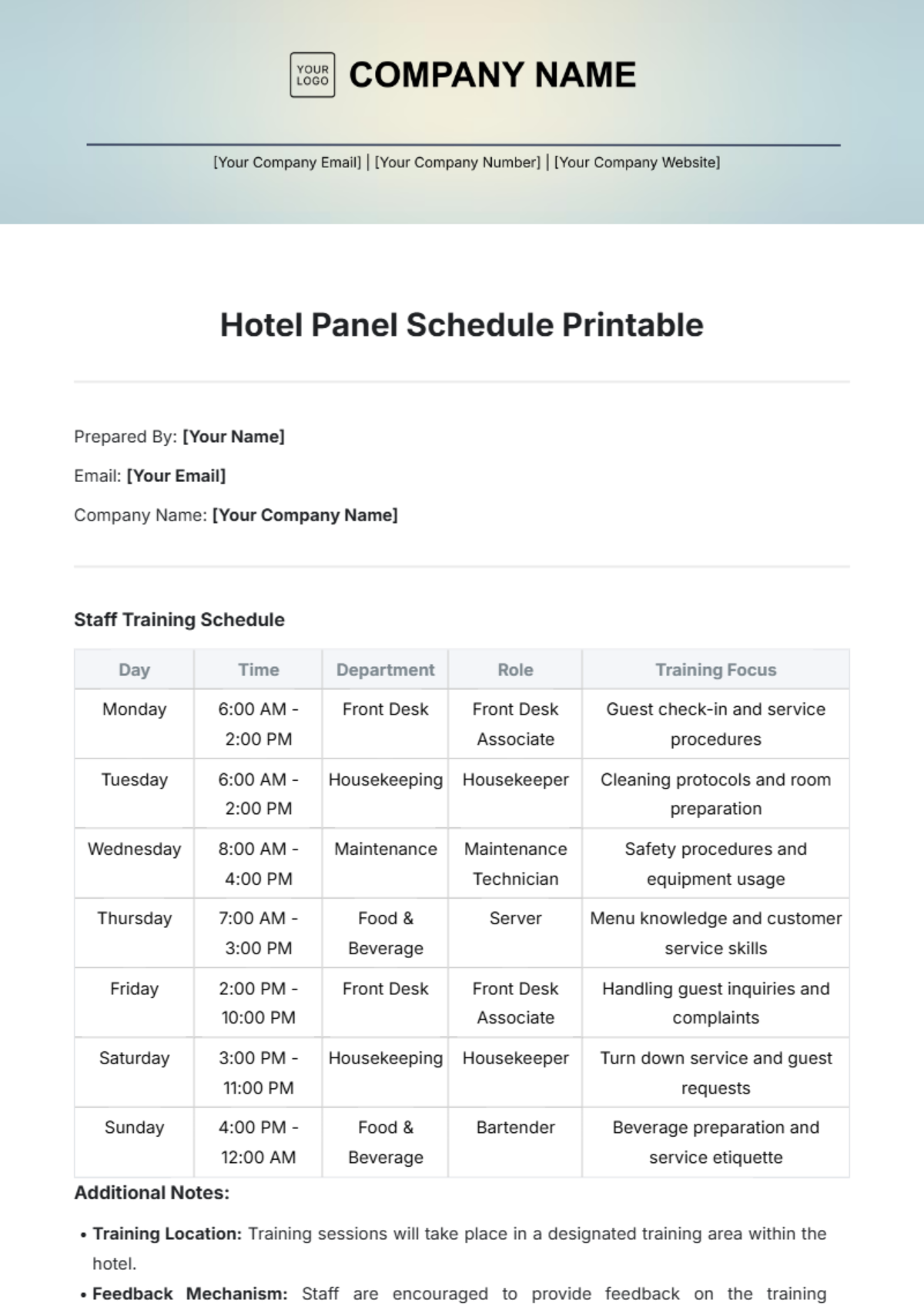 Hotel Panel Schedule Printable Template - Edit Online & Download