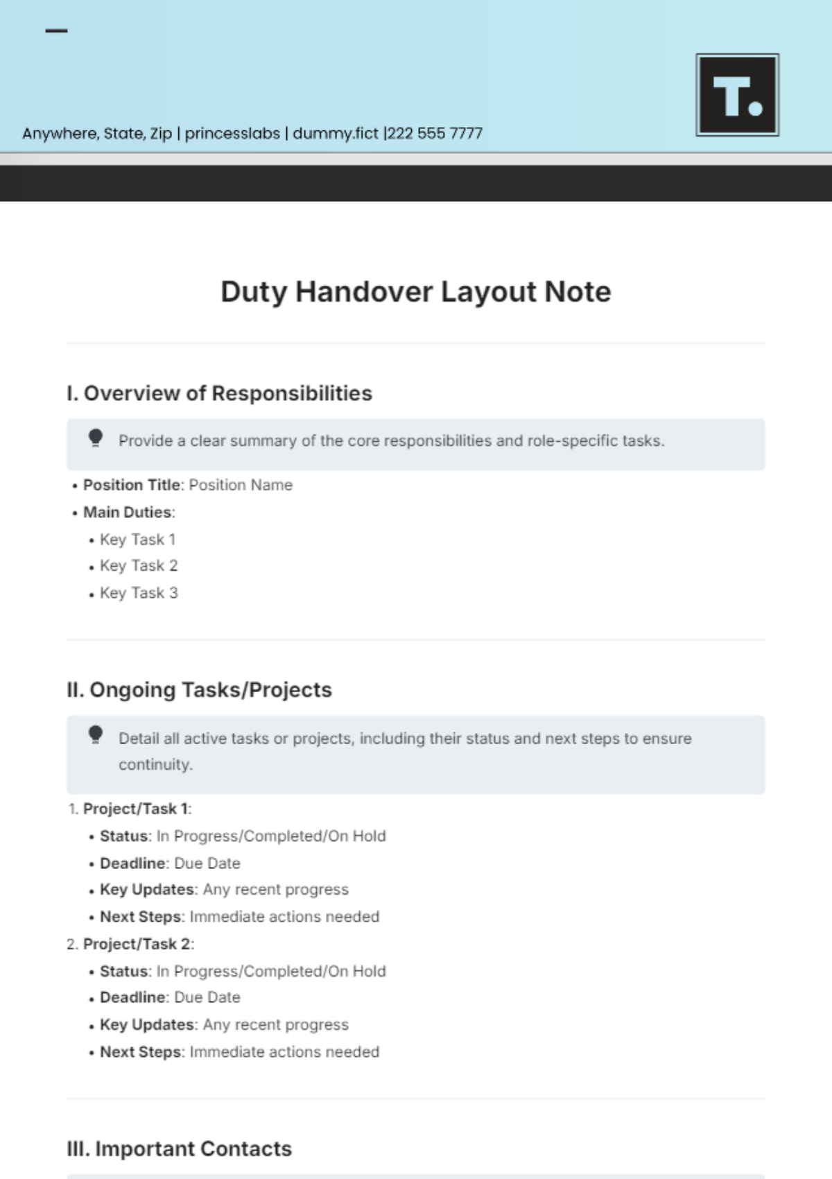 Duty Handover Layout Note Template