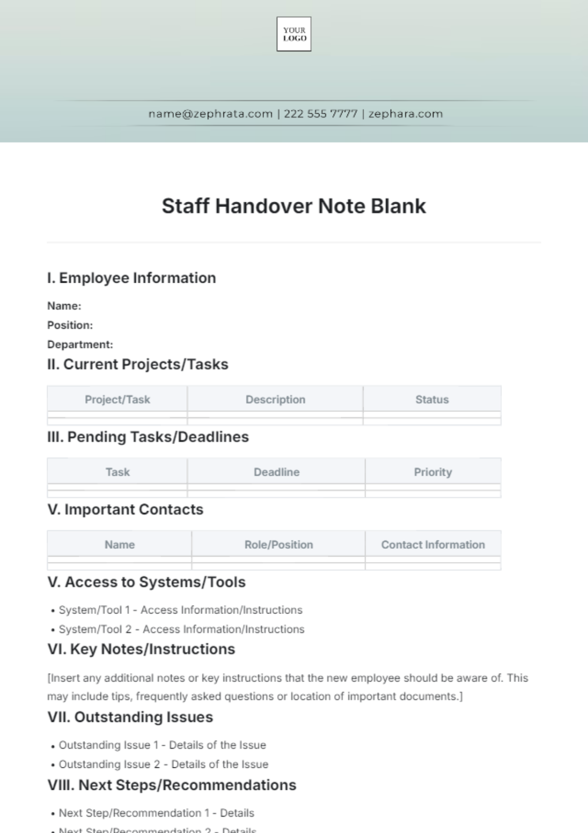 Staff Handover Note Blank Template - Edit Online & Download