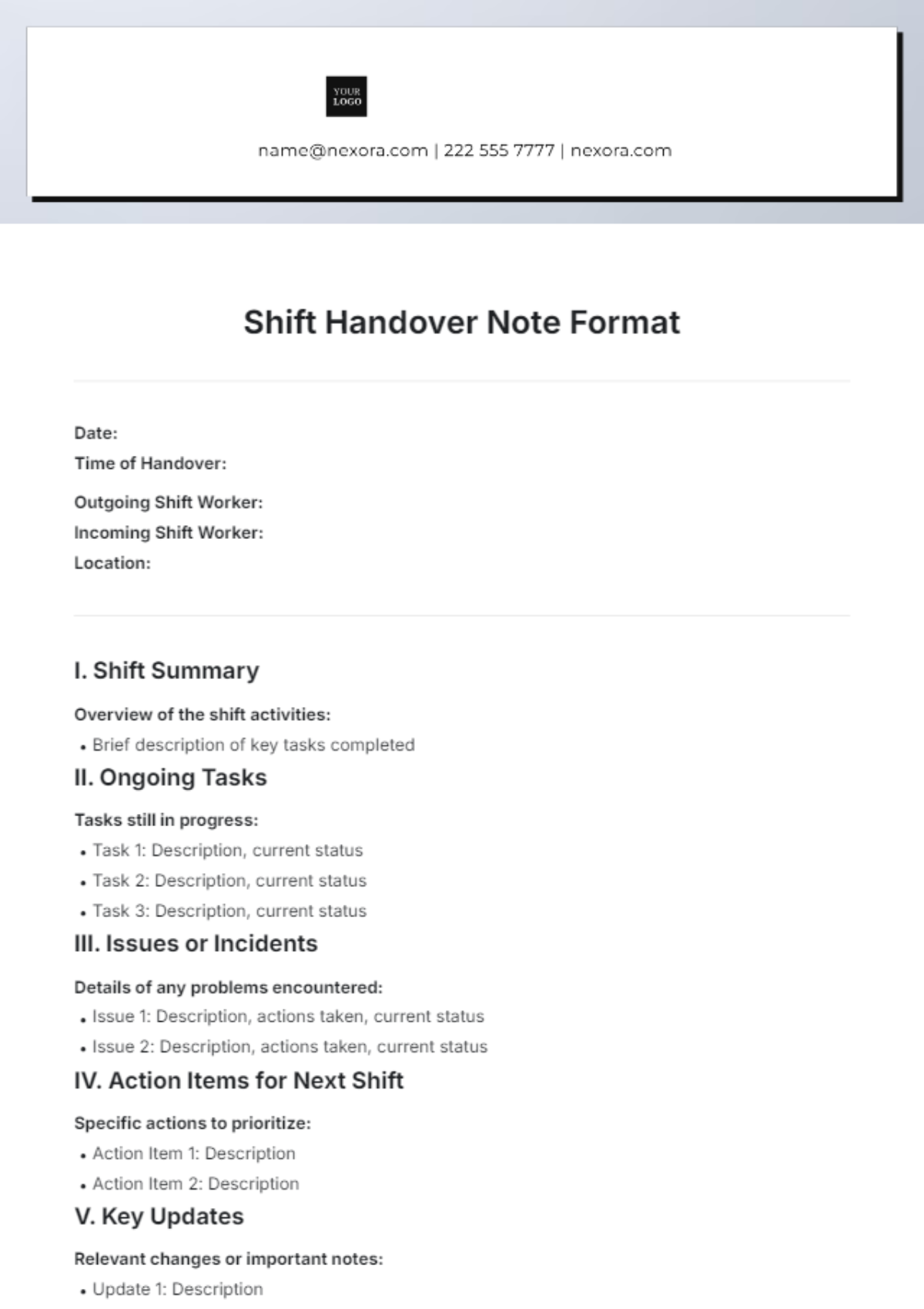 Shift Handover Note Format Template