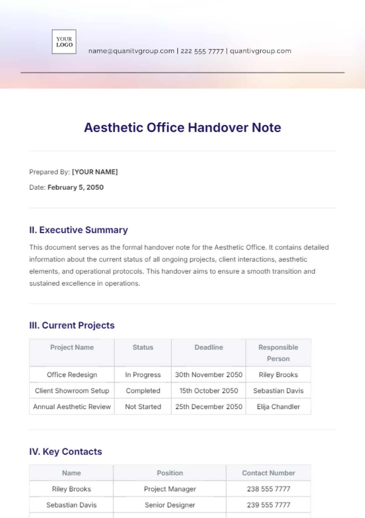 Aesthetic Office Handover Note Template