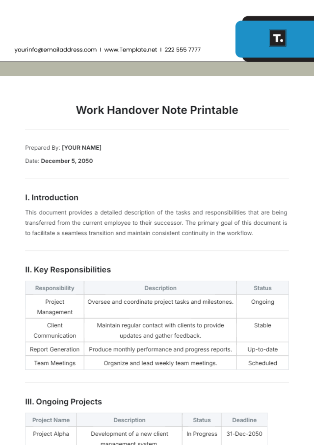 Work Handover Note Printable Template