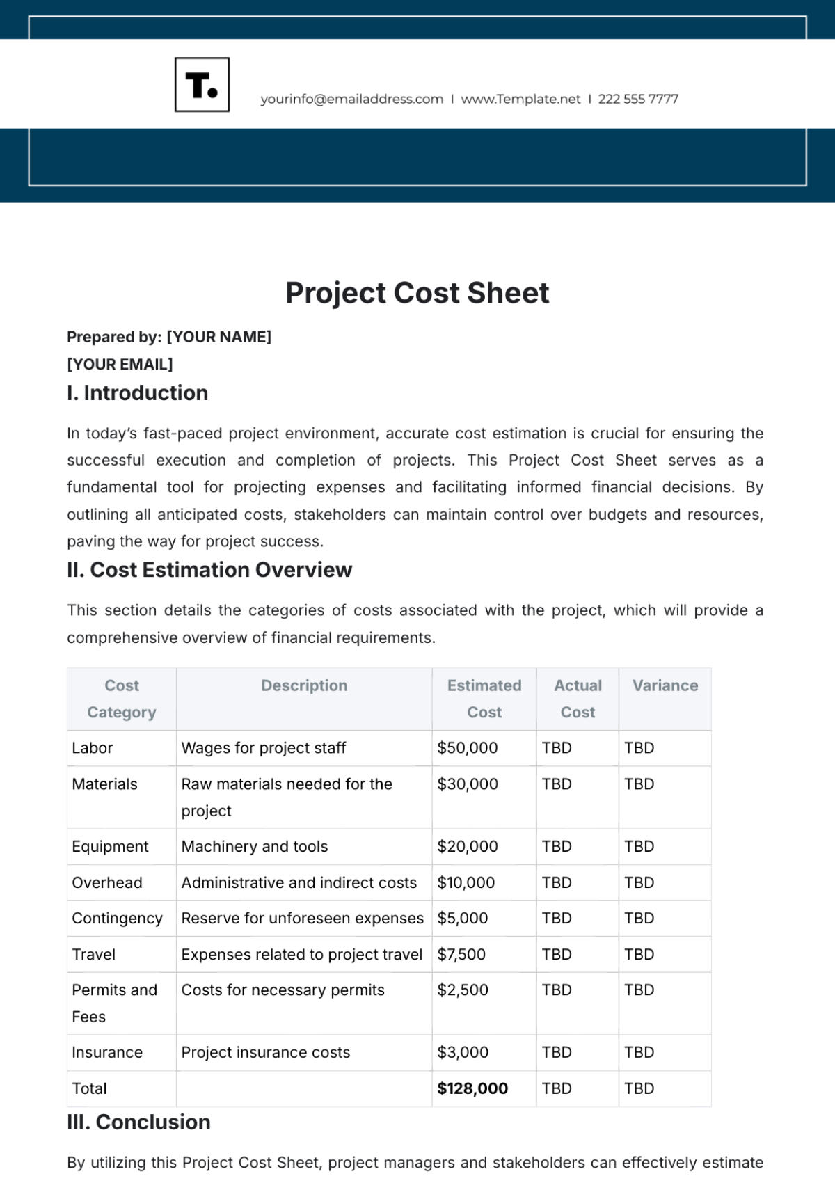 Project Cost Sheet Template - Edit Online & Download