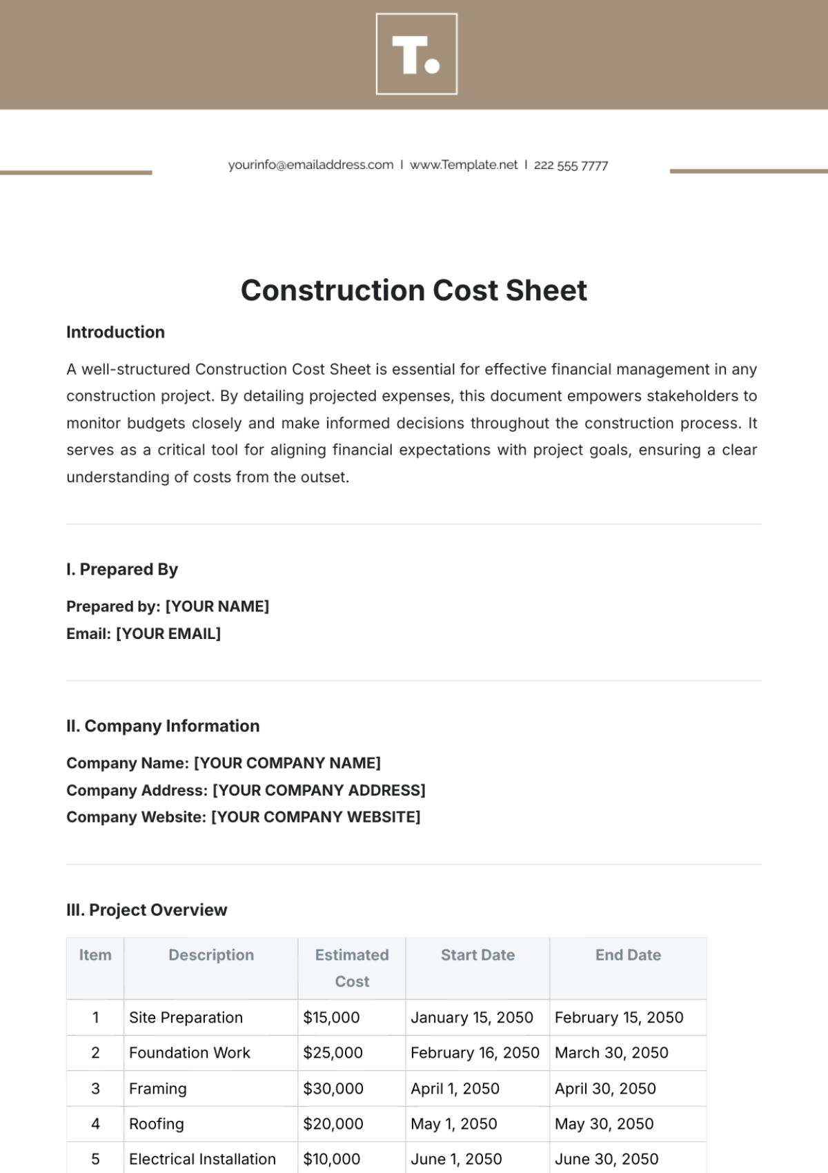 Construction Cost Sheet Template - Edit Online & Download