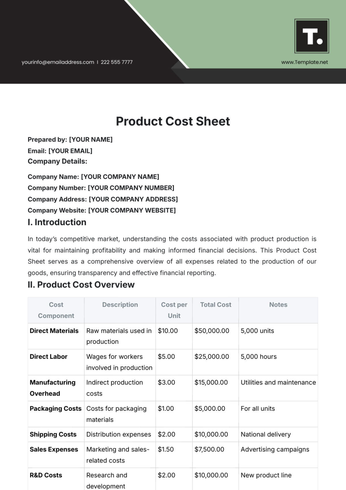 Product Cost Sheet Template - Edit Online & Download