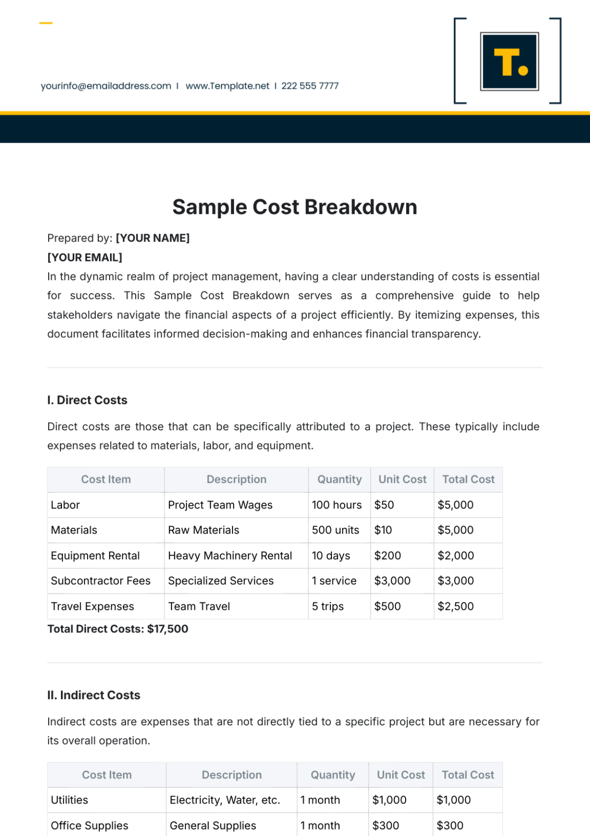 Sample Cost Breakdown Template - Edit Online & Download