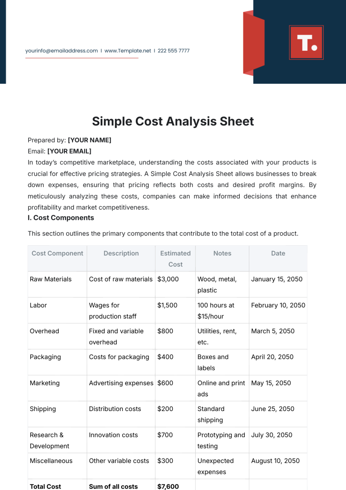 Simple Cost Analysis Sheet Template - Edit Online & Download