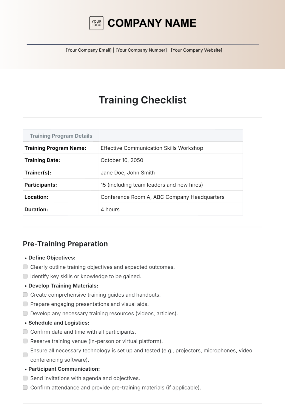 Training Checklist Template