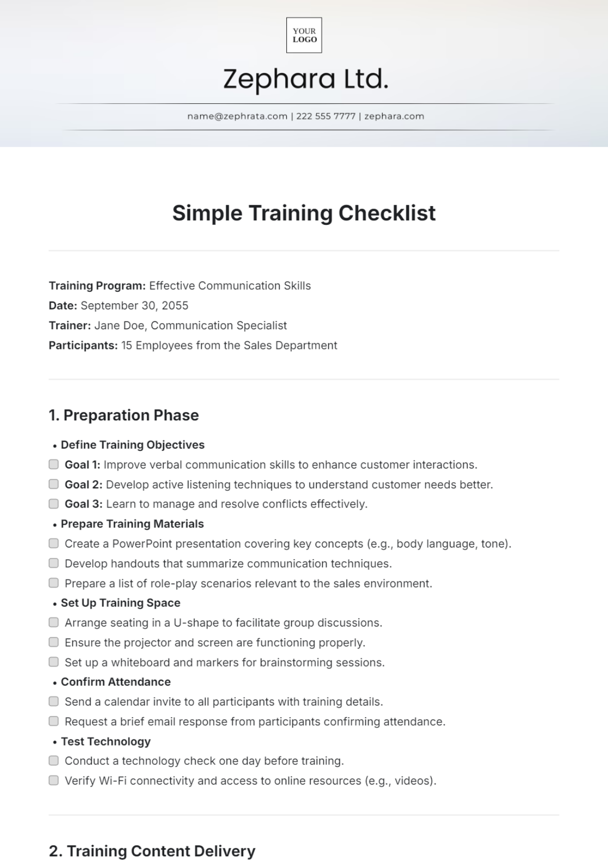 Simple Training Checklist Template