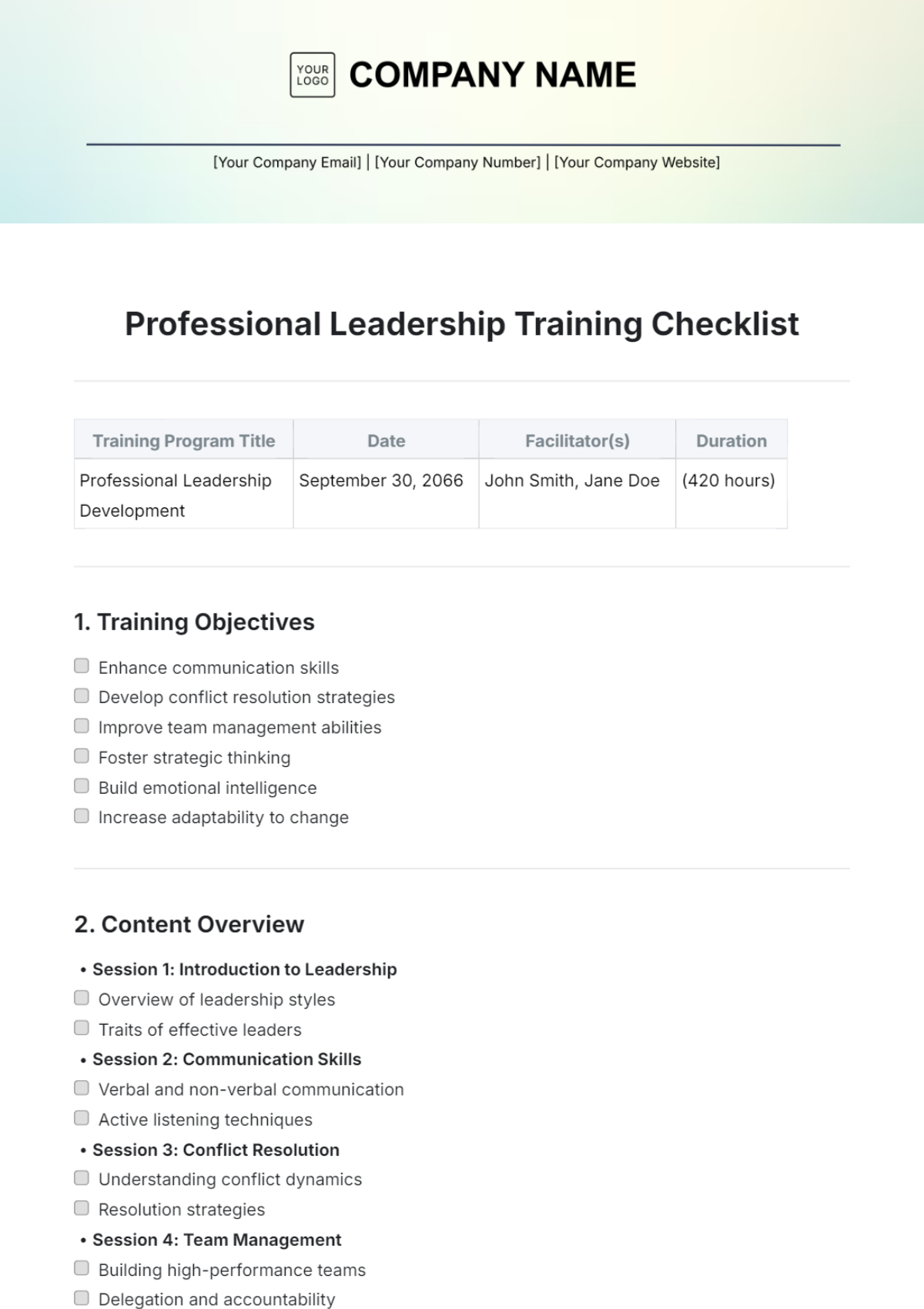 Professional Leadership Training Checklist Template