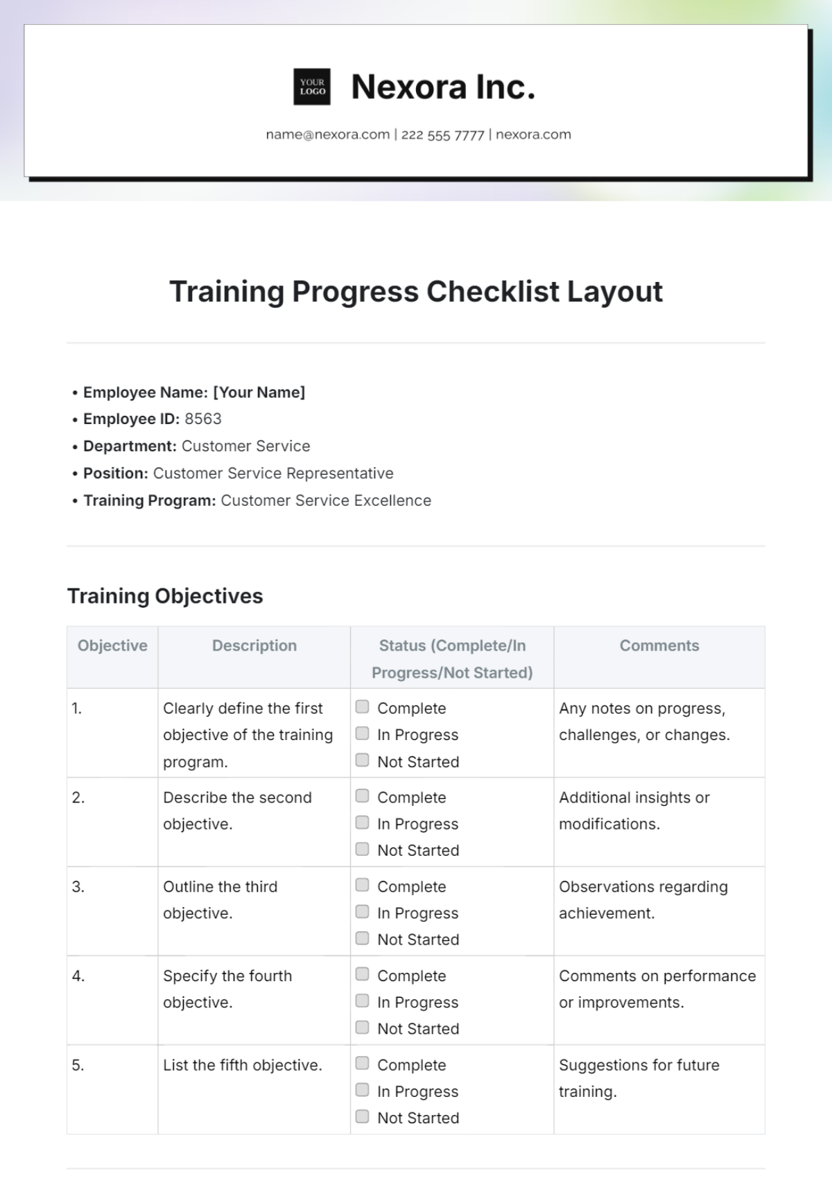 Training Progress Checklist Layout Template - Edit Online & Download