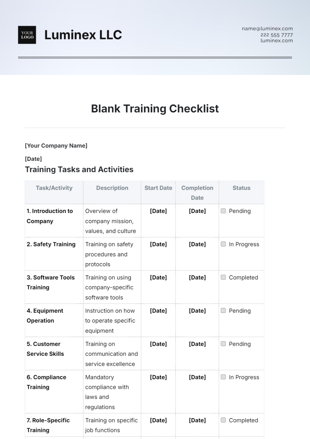 Blank Training Checklist Template - Edit Online & Download