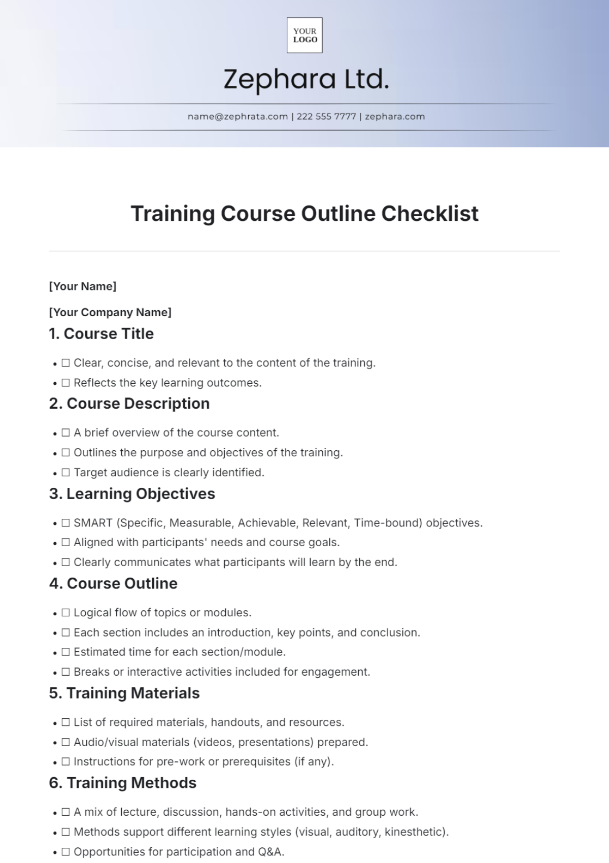 Training Course Outline Checklist Template