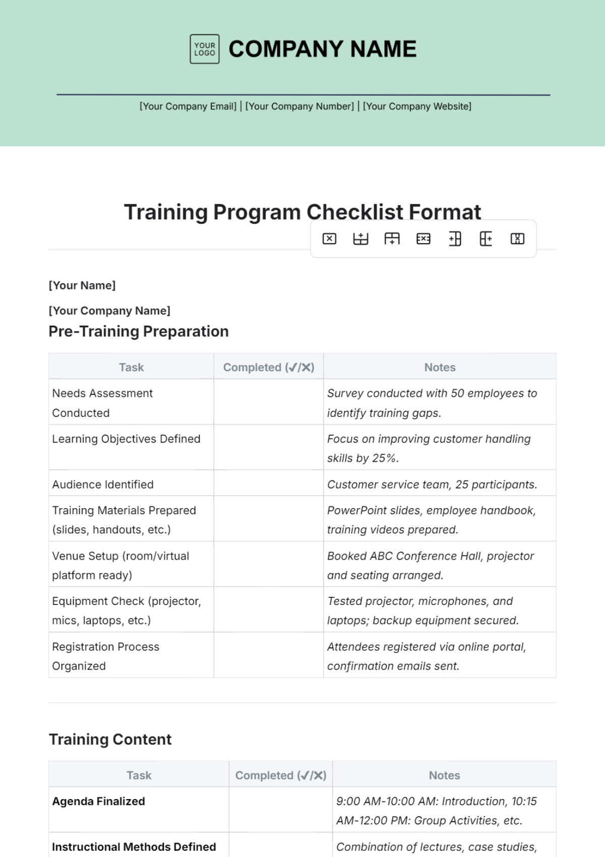 Training Program Checklist Format Template