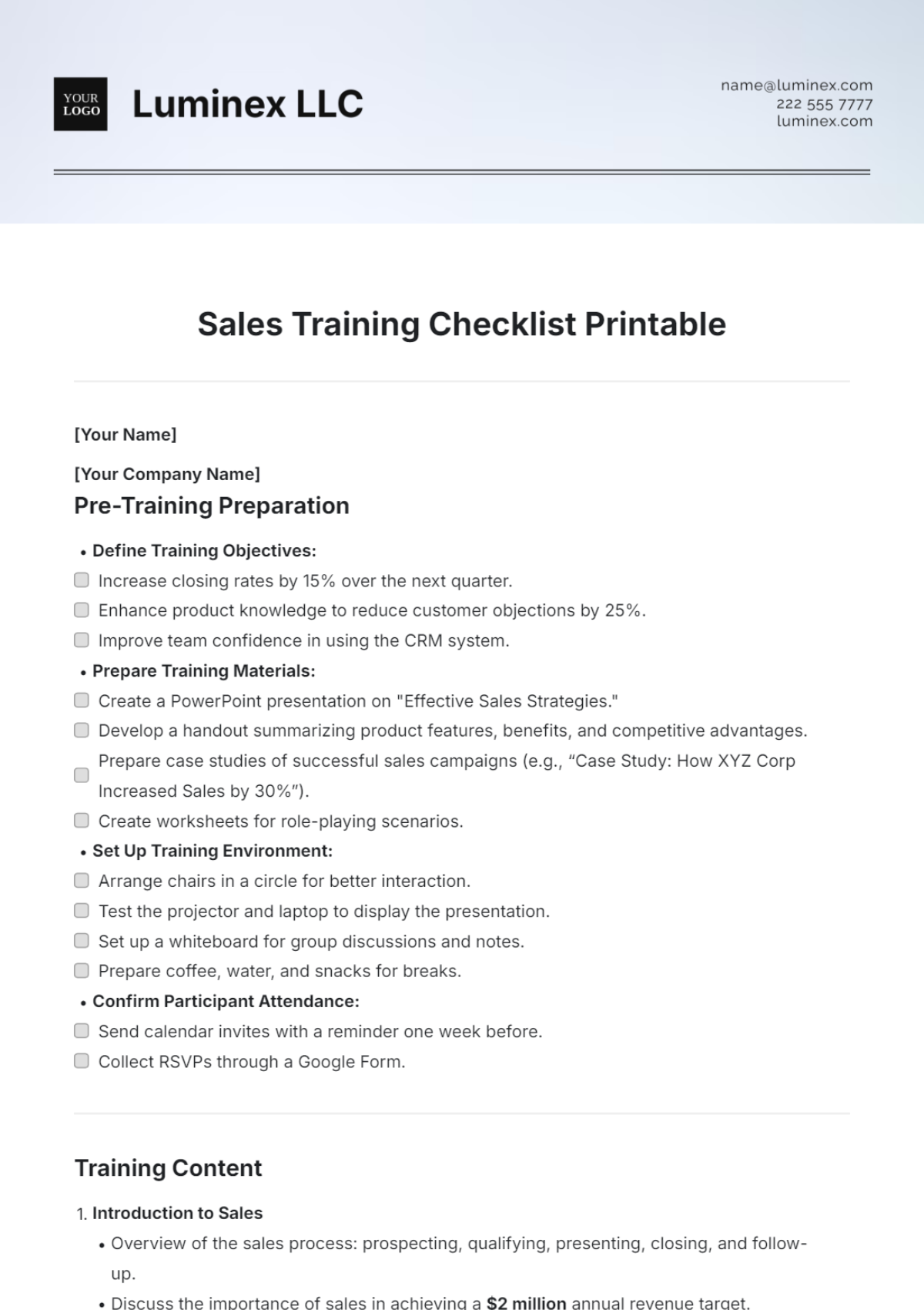 Sales Training Checklist Printable Template