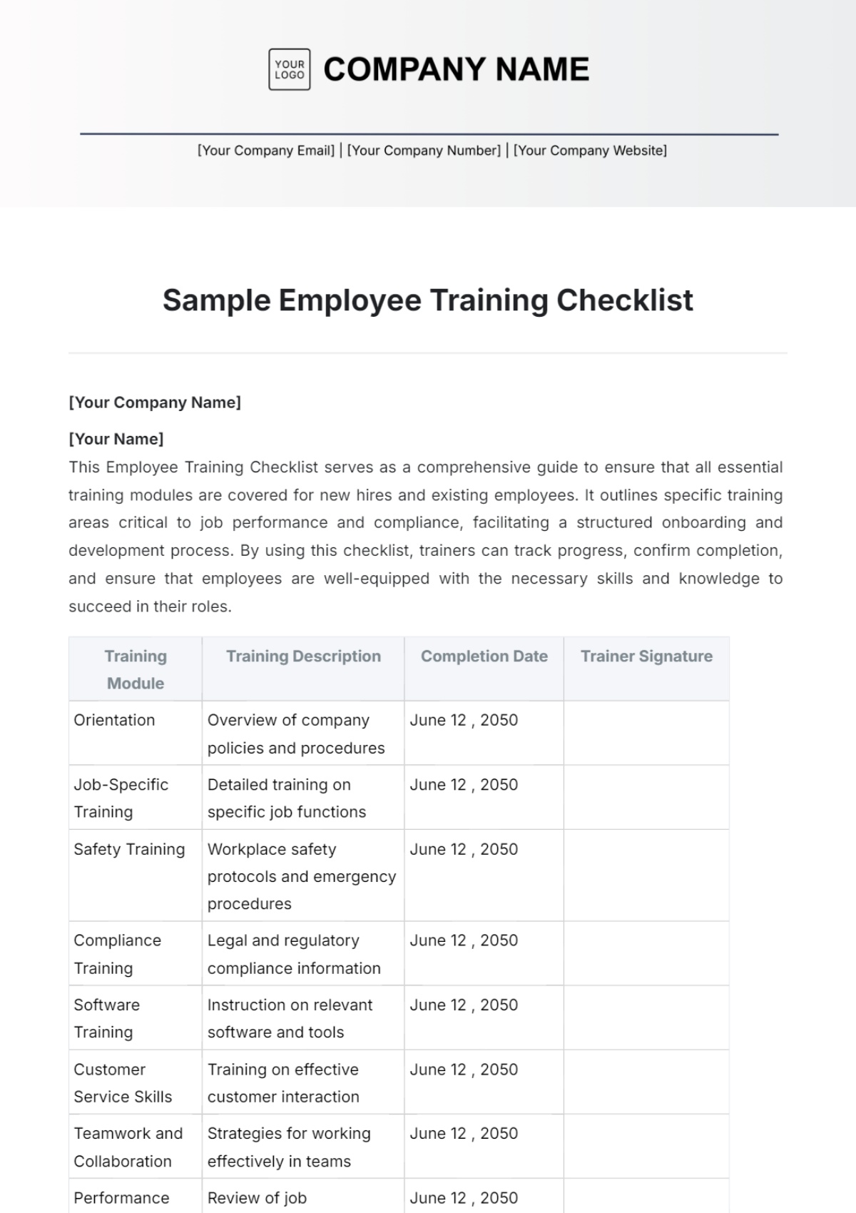 Sample Employee Training Checklist Template