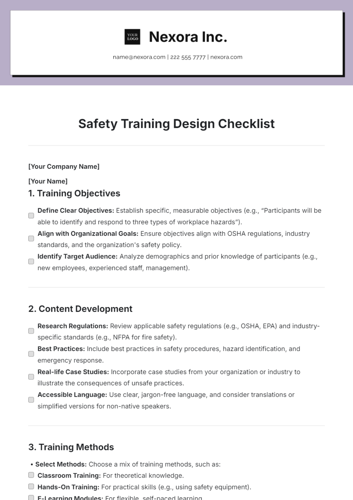 Safety Training Design  Checklist Template