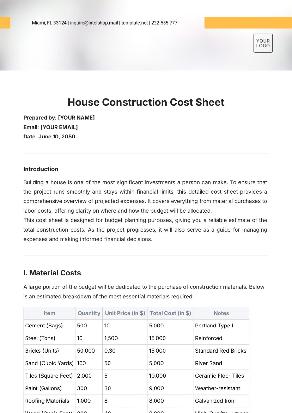 House Construction Cost Sheet Template - Edit Online & Download