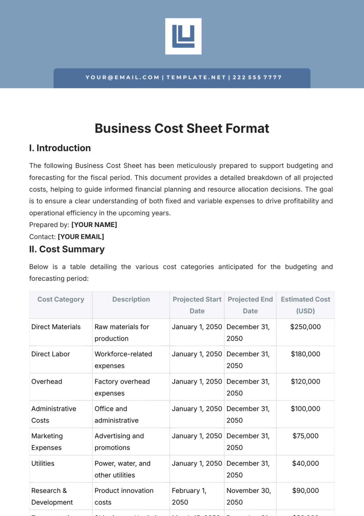 Free Business Cost Sheet Format Template - Edit Online & Download ...