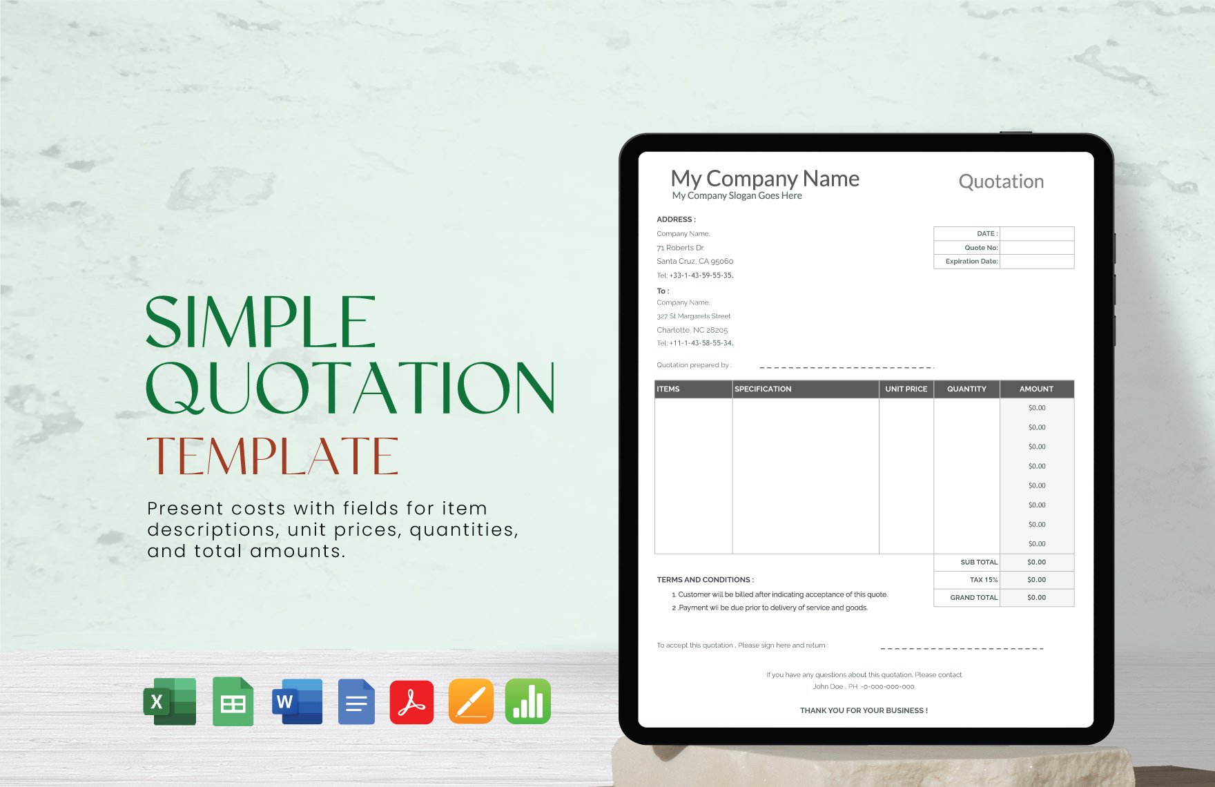 Simple Quotation Template in Word, Google Docs, Excel, PDF, Google Sheets, Apple Pages, Apple Numbers