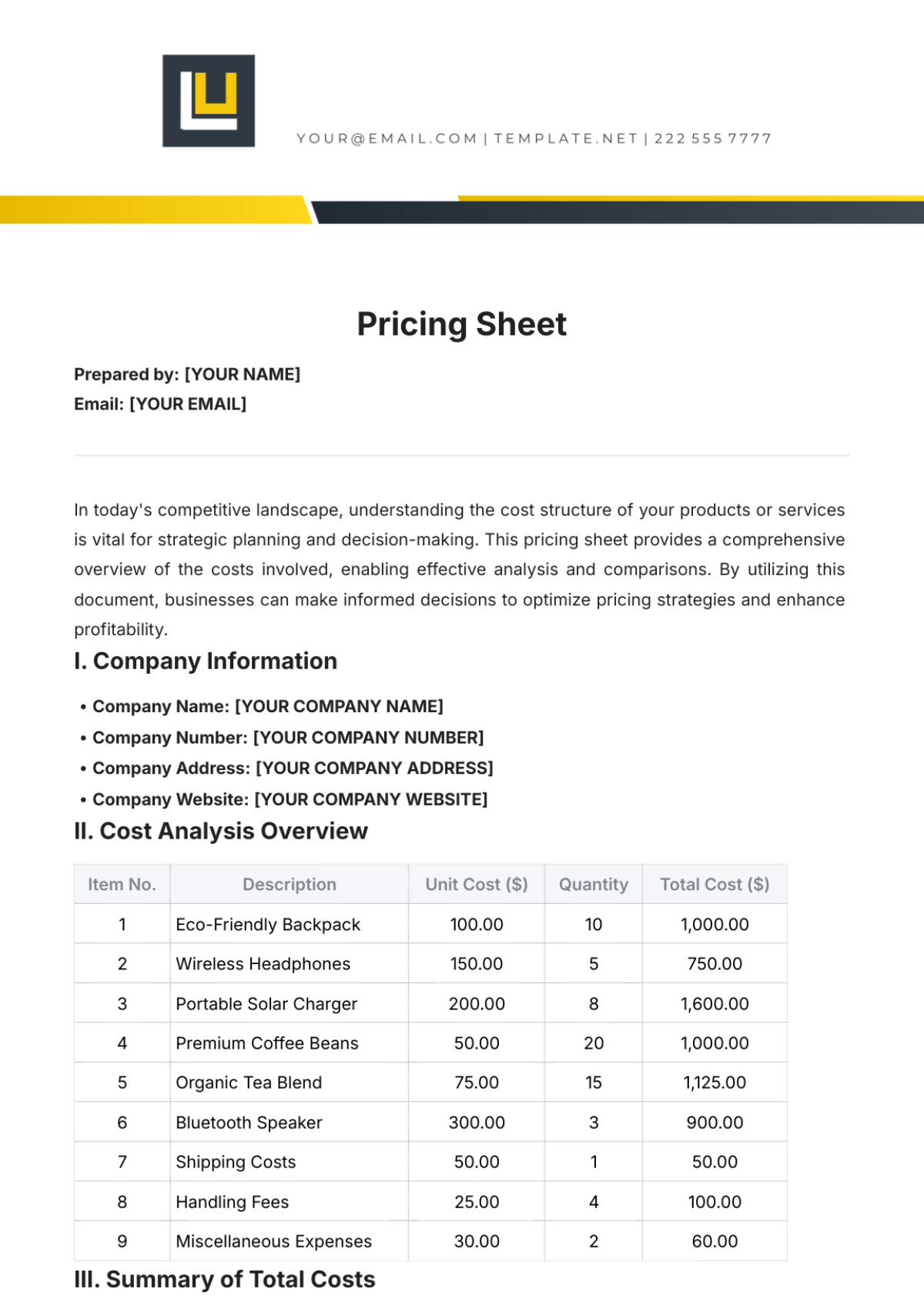 Pricing Sheet Template - Edit Online & Download