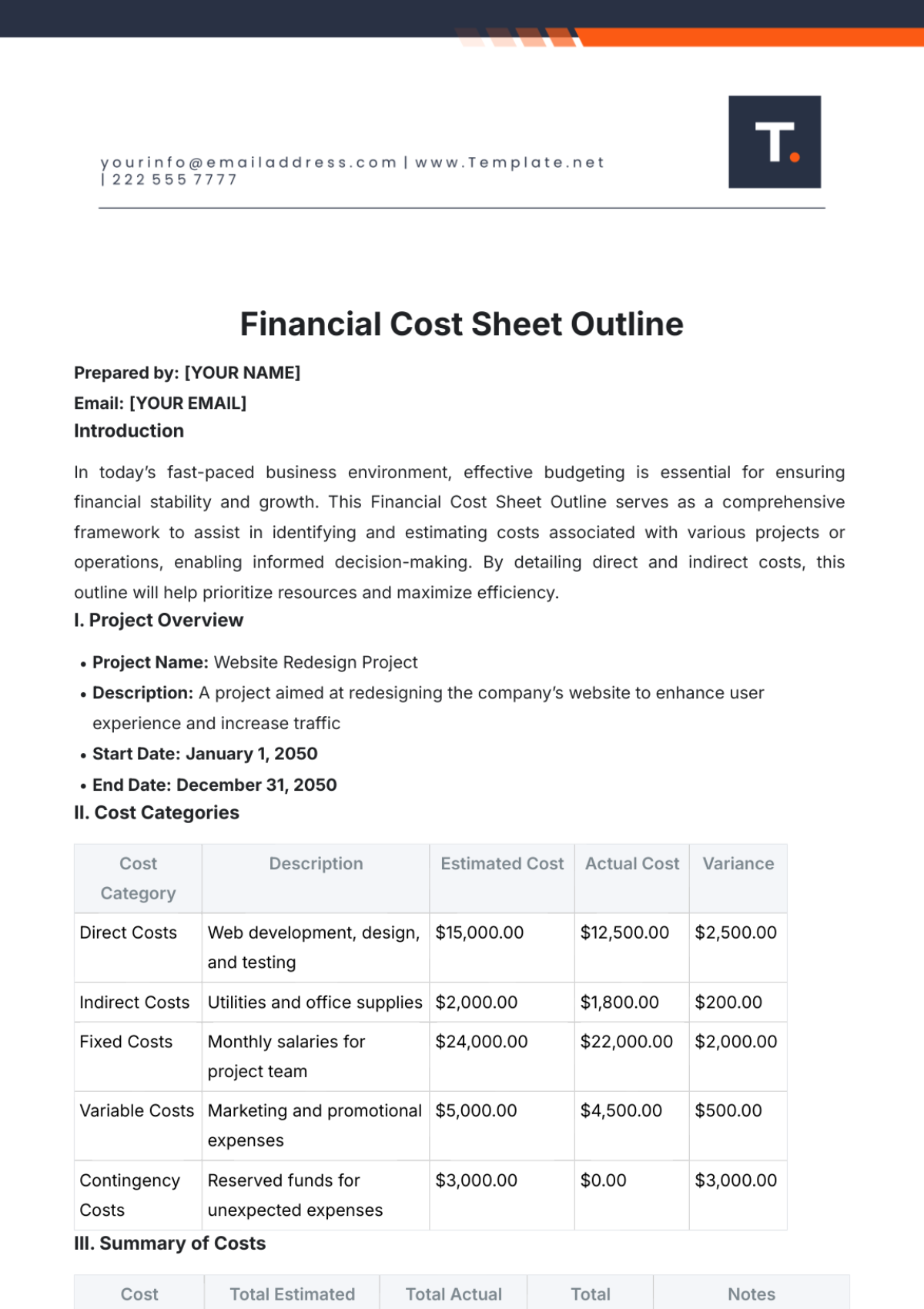 Financial Cost Sheet Outline Template