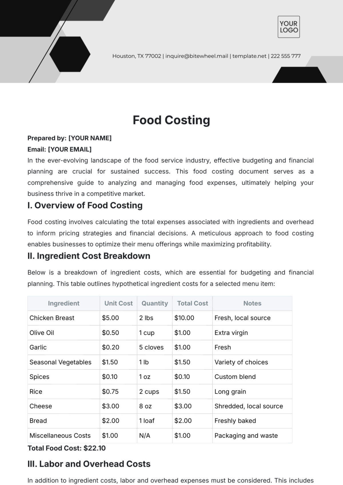 Food Costing Template