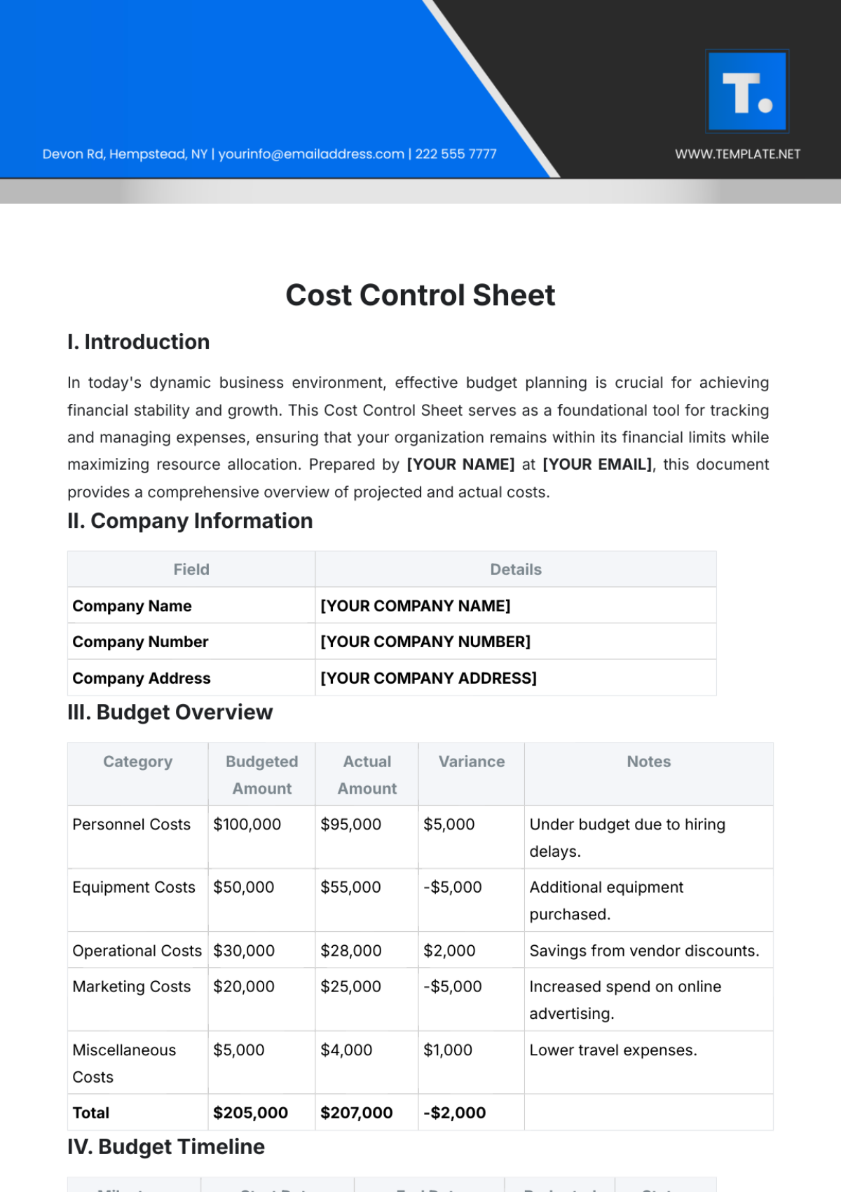 Cost Control Sheet Template