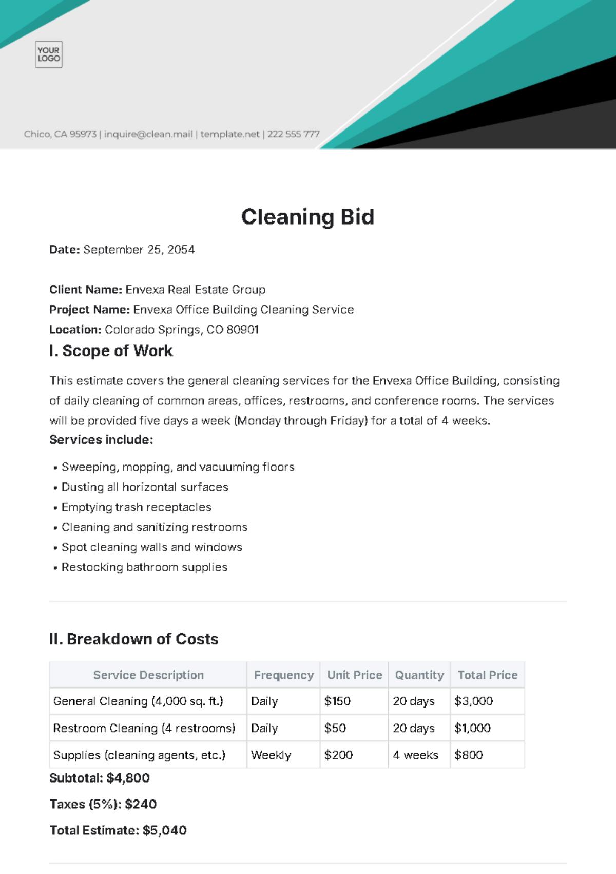 Cleaning Bid Template